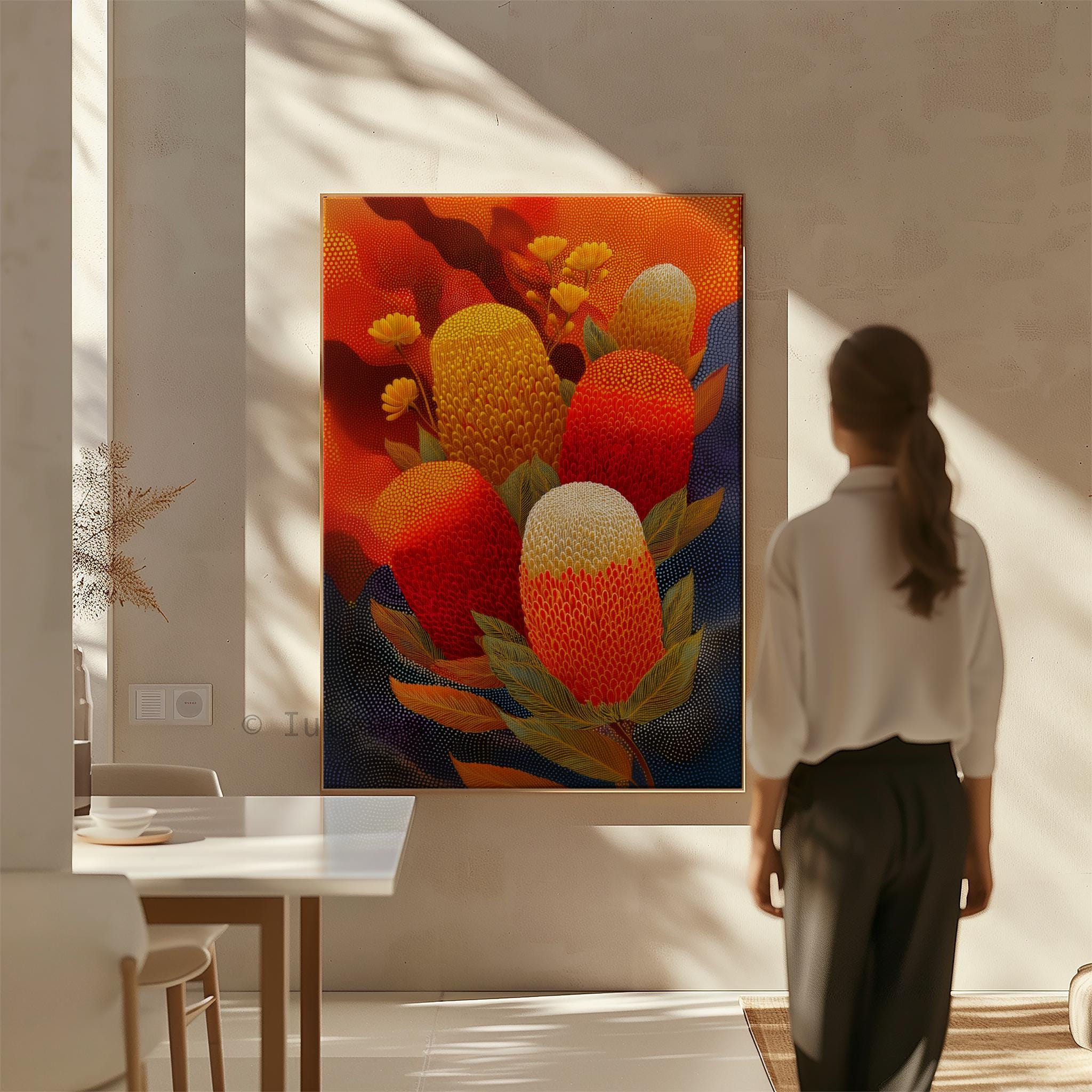 Australian Aboriginal Inspired Banksia Canvas – Bold Native Flower Wall Art in Red, Ochre and Gold Tones, Contemporary Indigenous Style Print - photo #4