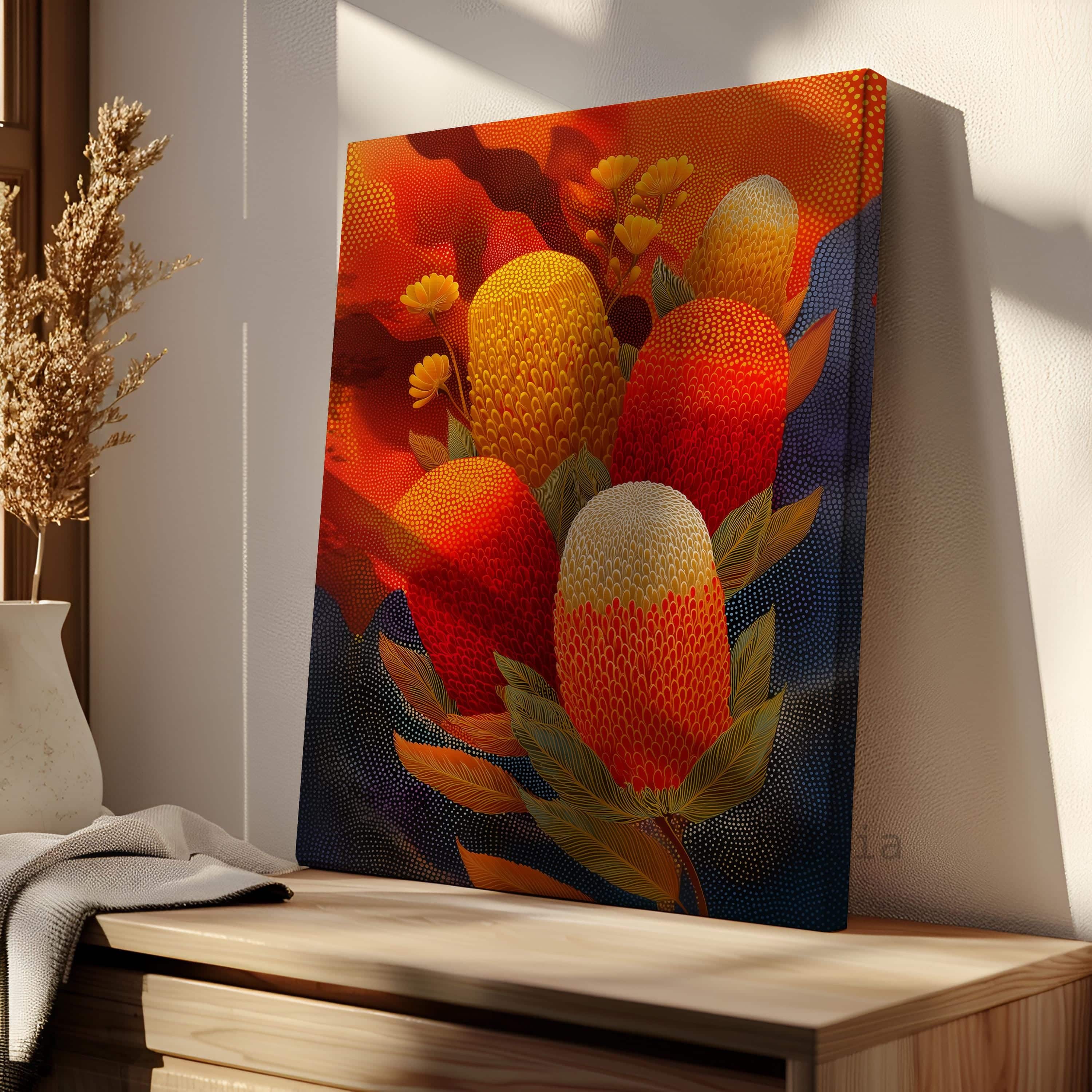 Australian Aboriginal Inspired Banksia Canvas – Bold Native Flower Wall Art in Red, Ochre and Gold Tones, Contemporary Indigenous Style Print - photo #2