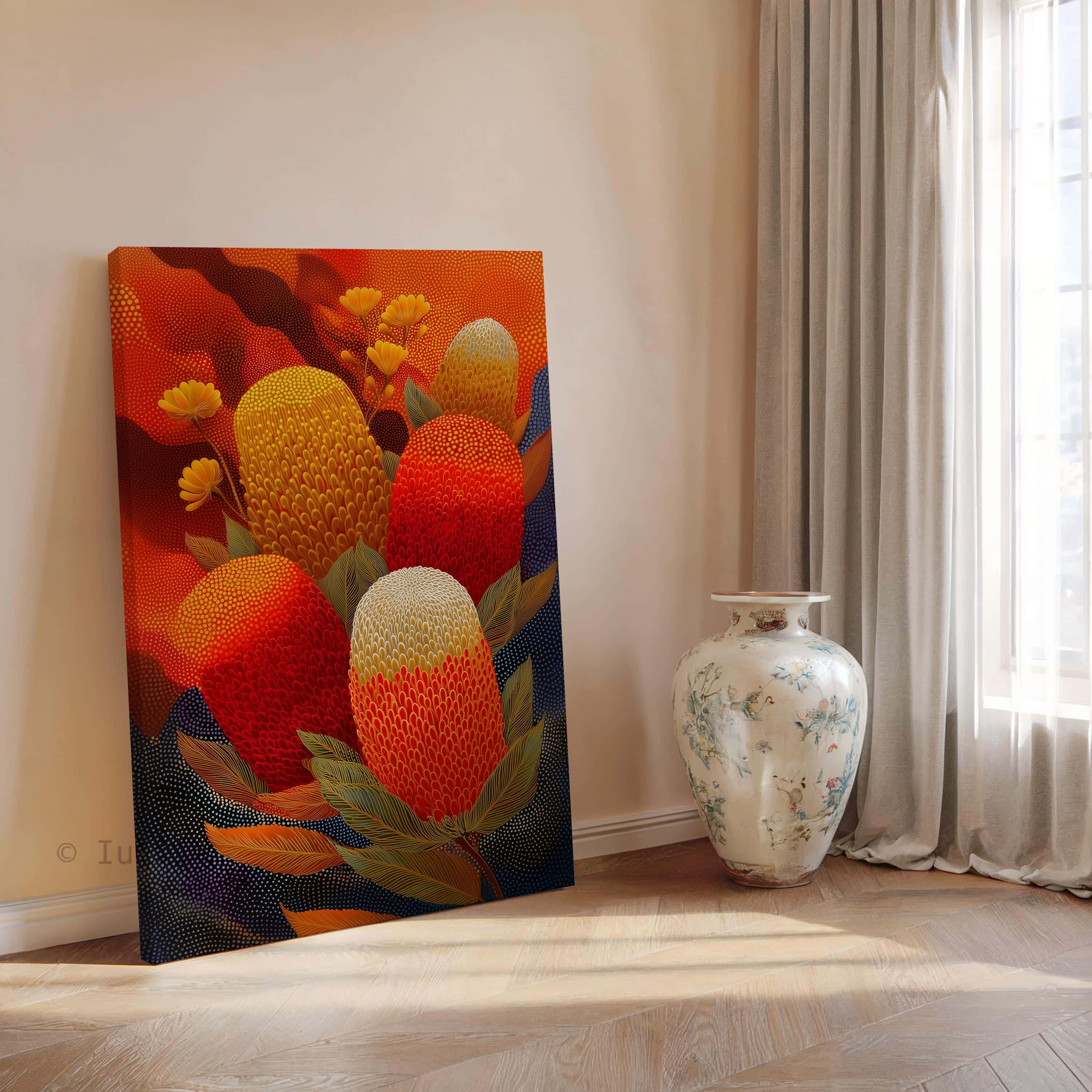 Australian Aboriginal Inspired Banksia Canvas – Bold Native Flower Wall Art in Red, Ochre and Gold Tones, Contemporary Indigenous Style Print - photo #11
