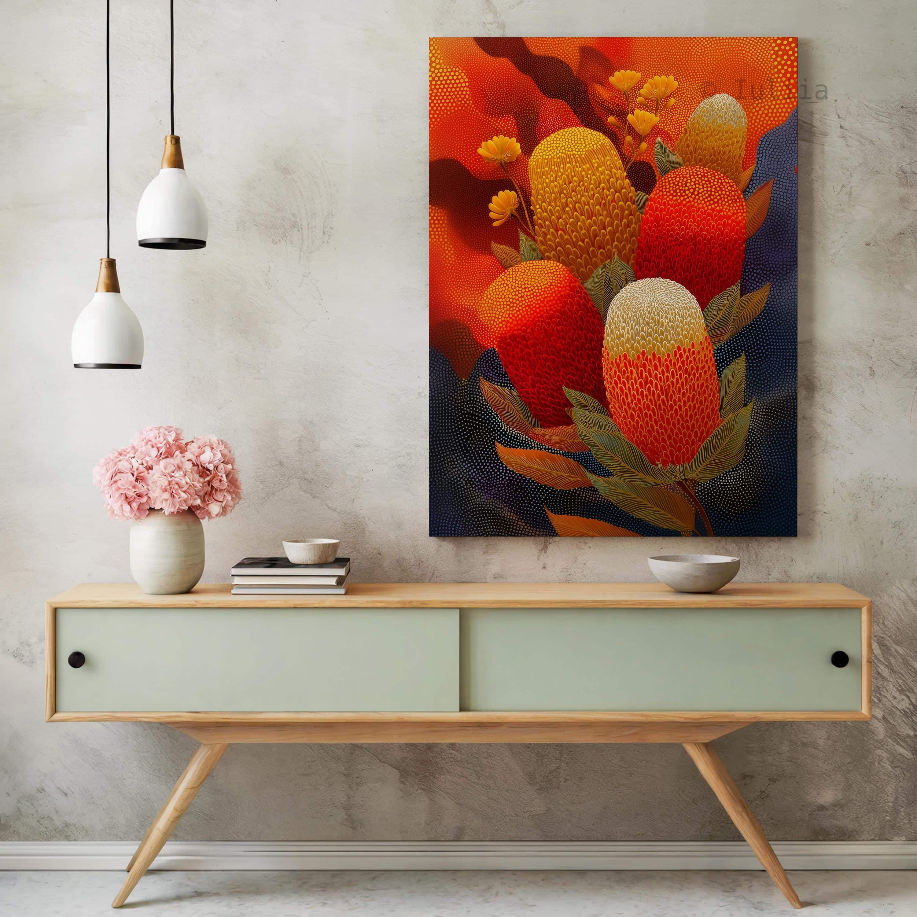 Australian Aboriginal Inspired Banksia Canvas – Bold Native Flower Wall Art in Red, Ochre and Gold Tones, Contemporary Indigenous Style Print - photo #14