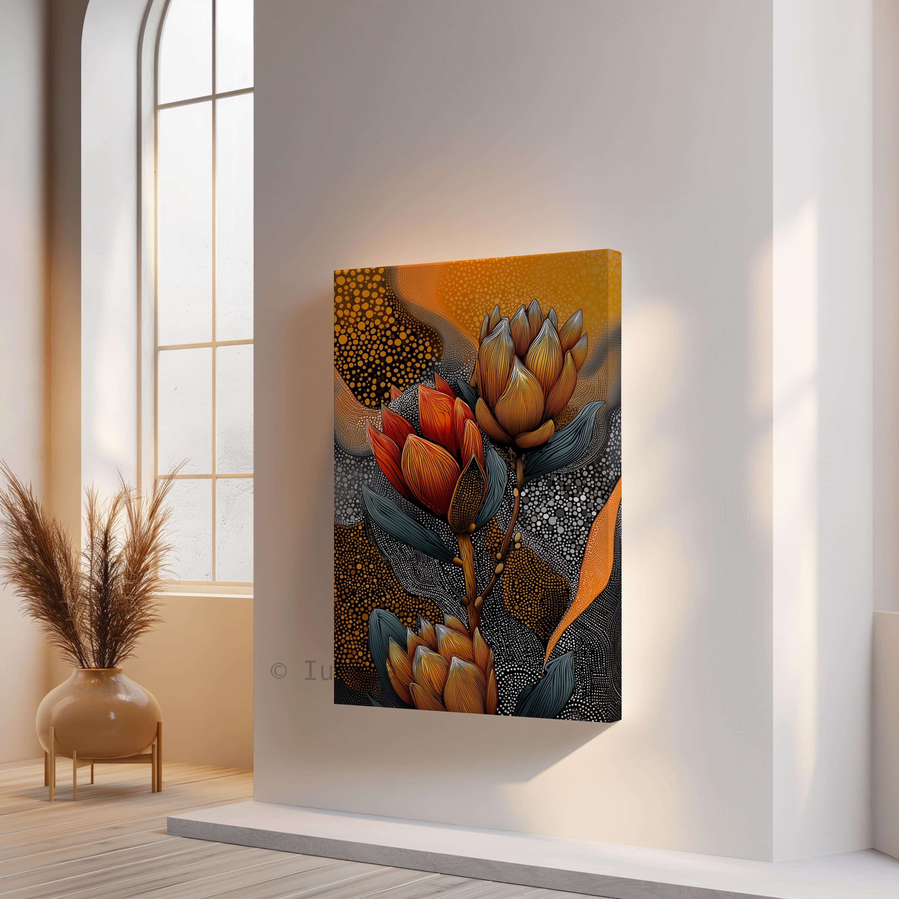 Australian Aboriginal Inspired Protea Flower Canvas – Contemporary Botanical Dot Art Print in Warm Ochre and Charcoal Tones - photo #8