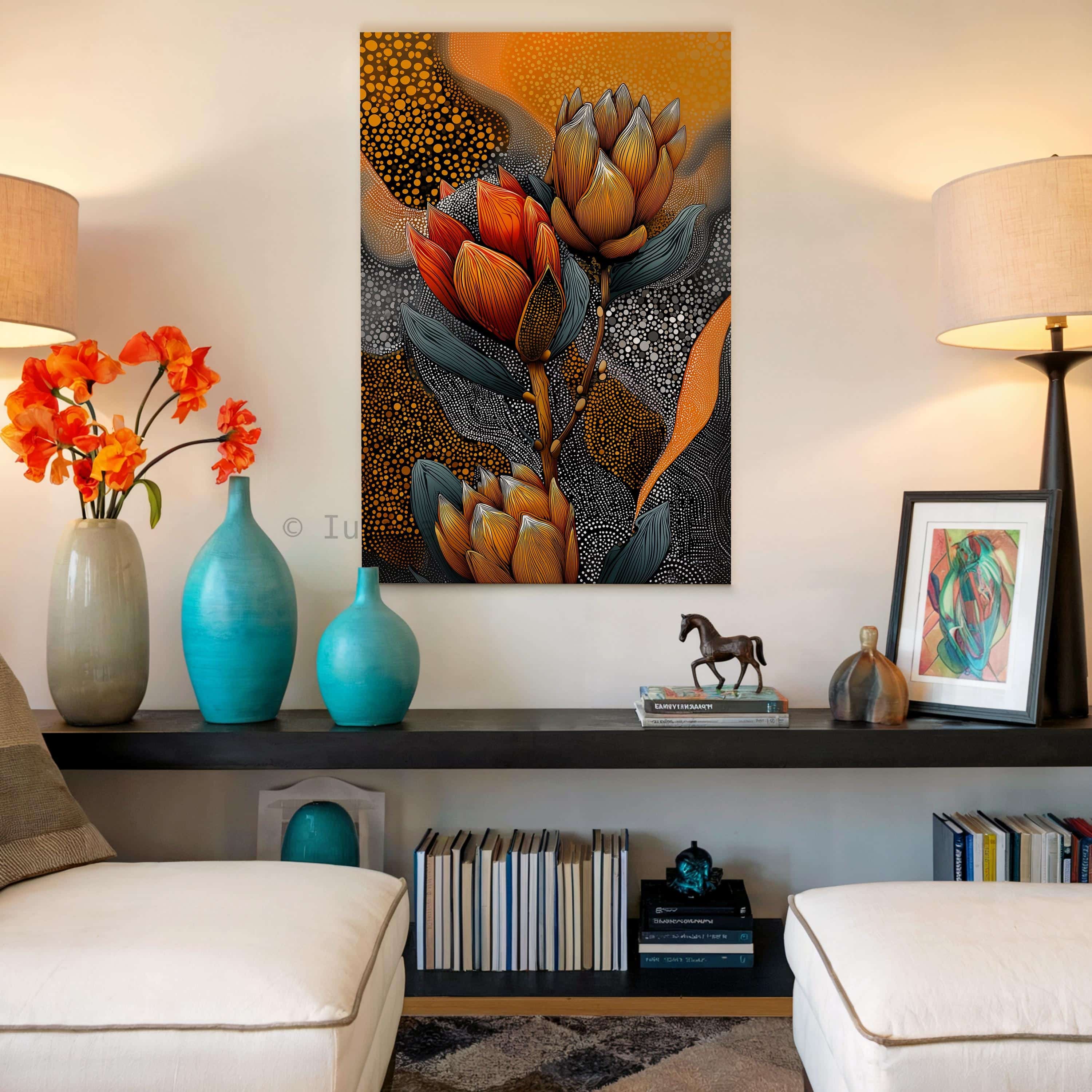 Australian Aboriginal Inspired Protea Flower Canvas – Contemporary Botanical Dot Art Print in Warm Ochre and Charcoal Tones - photo #9