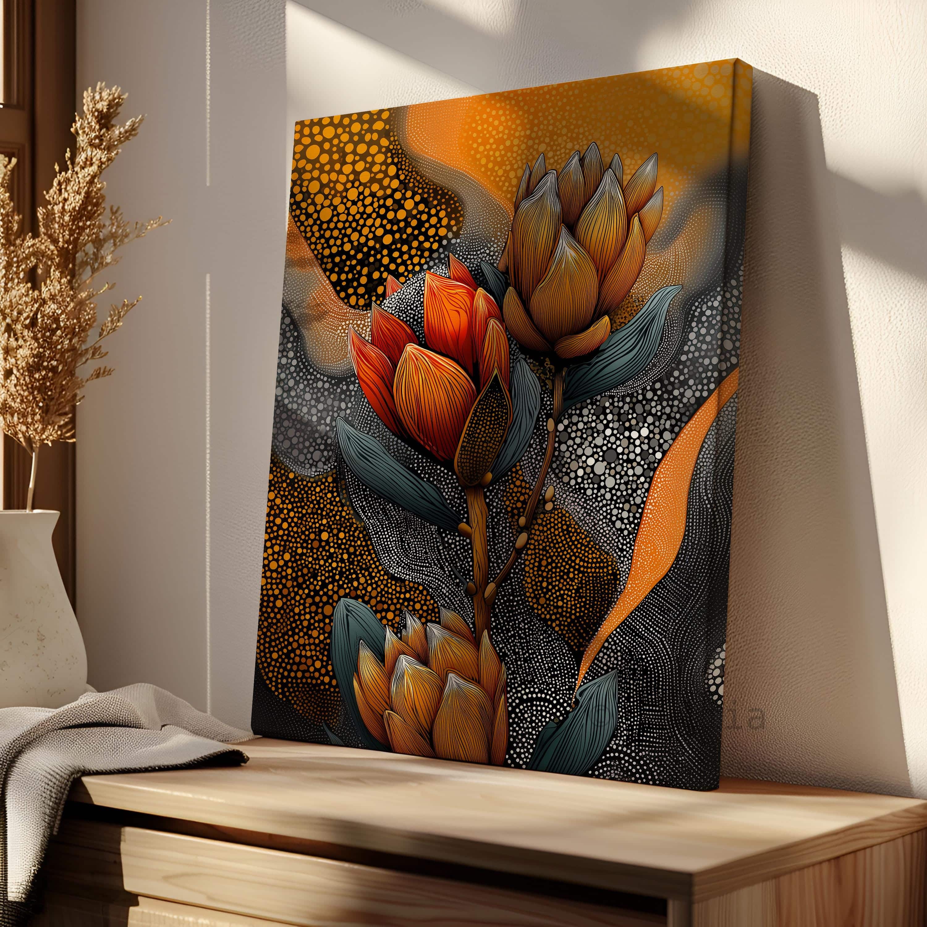 Australian Aboriginal Inspired Protea Flower Canvas – Contemporary Botanical Dot Art Print in Warm Ochre and Charcoal Tones - photo #5