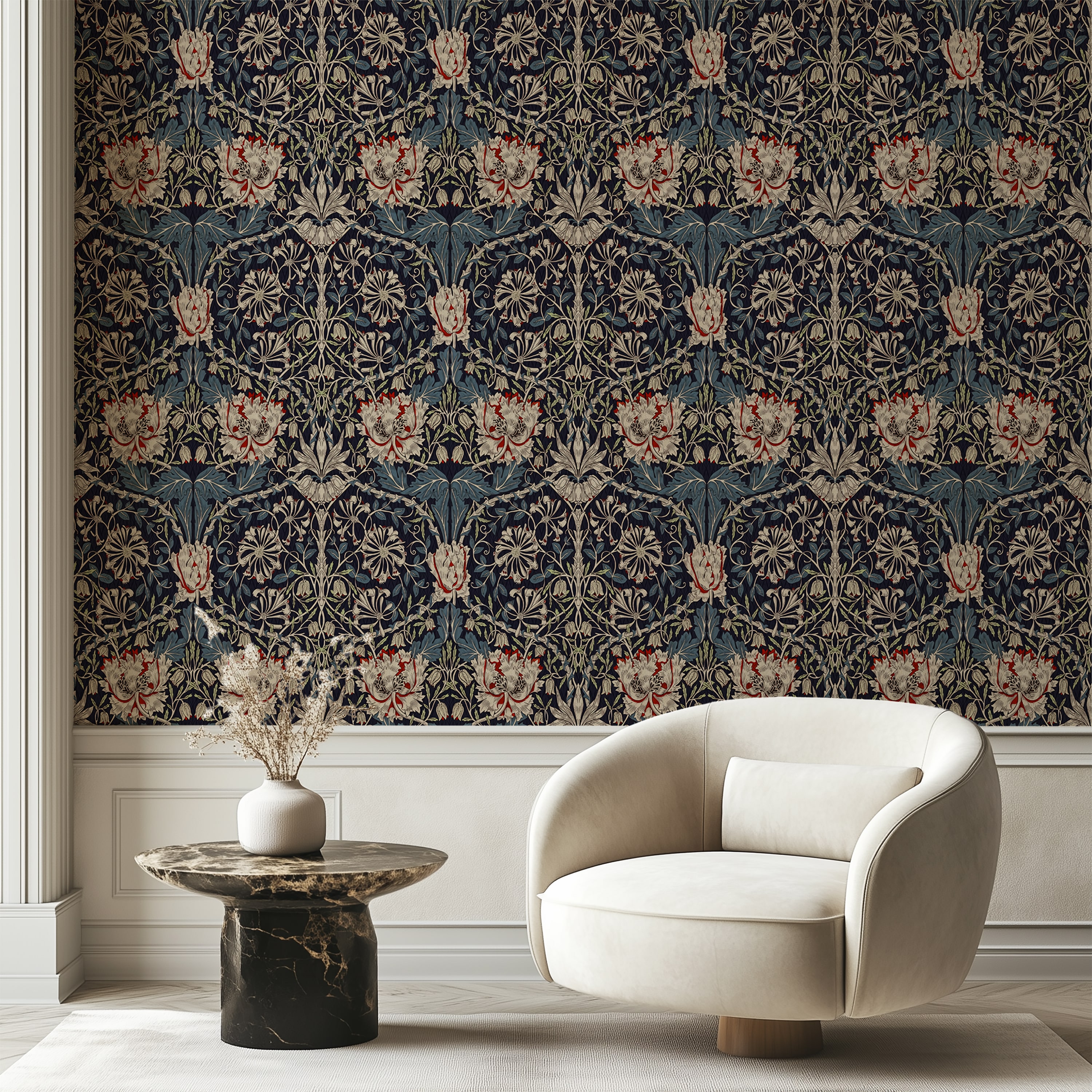 Vintage Botanical Peel and Stick Wallpaper – Ornate Honeysuckle Floral Pattern for Library, Study and Elegant Homes - photo #1