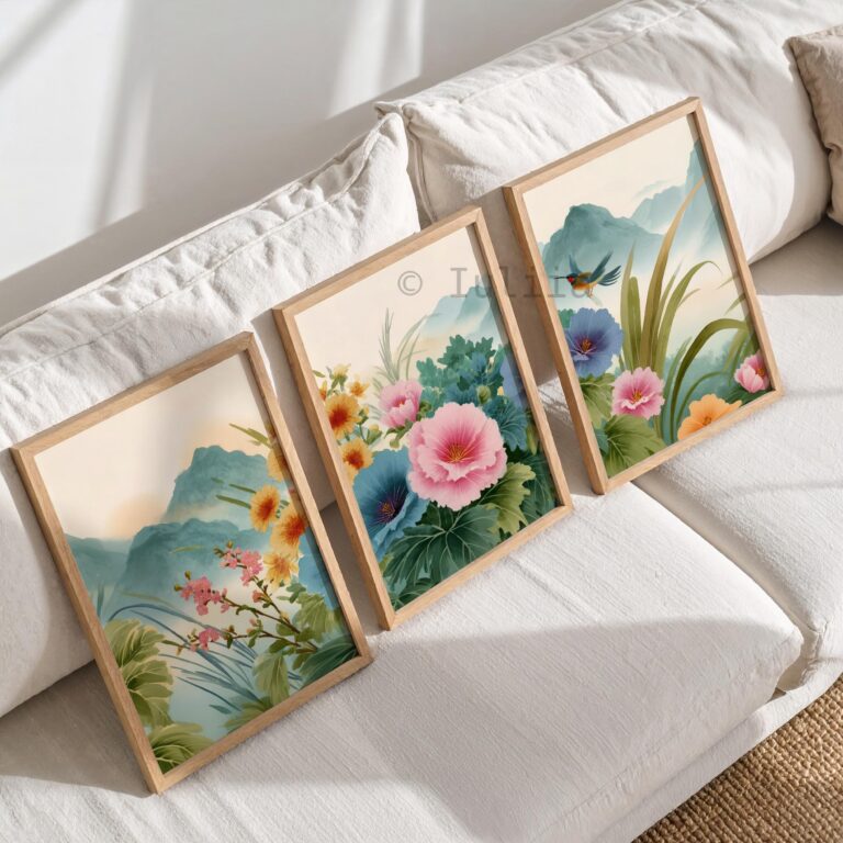 Japanese Floral Wall Art Set of 3 Japandi Triptych Prints