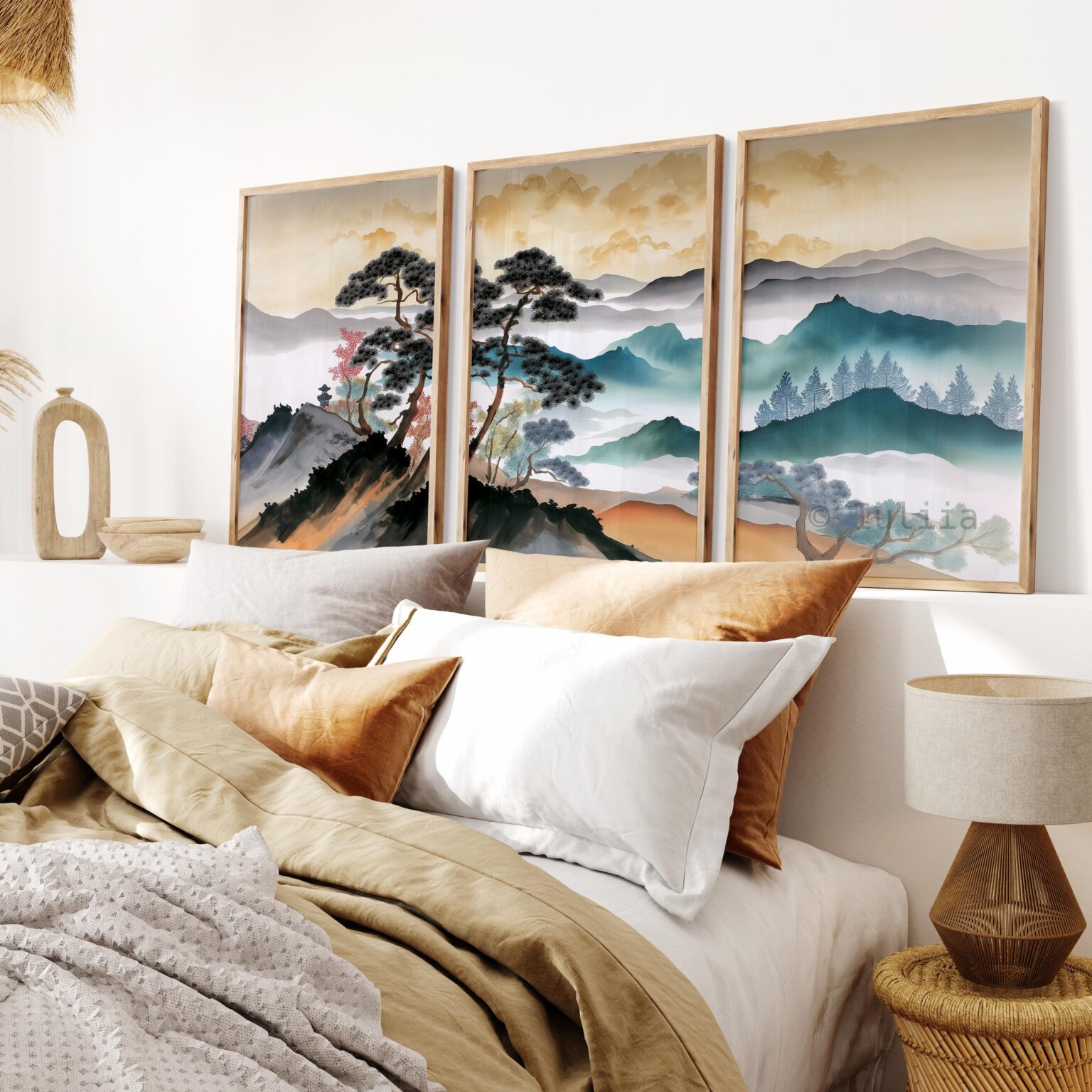 Japanese Mountain Pine Tree Wall Art Set of 3 Japandi Prints