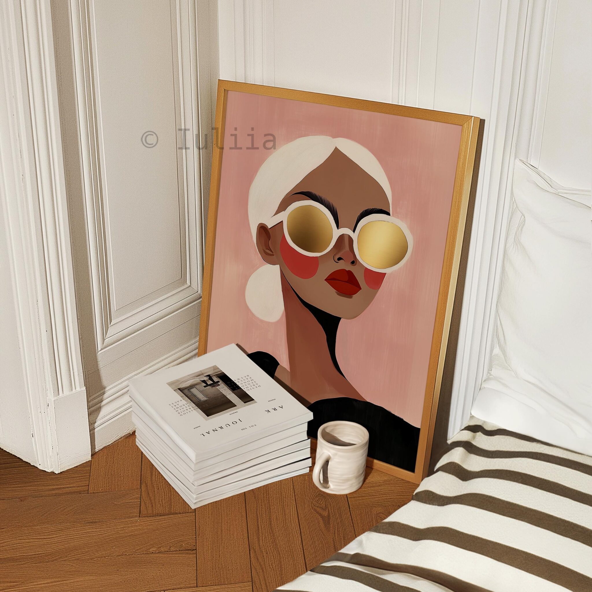 Fashion Illustration Print, Modern Woman Portrait Poster with Gold Sunglasses, Chic Editorial Wall Art for Bedroom or Dressing Room Decor - photo #3