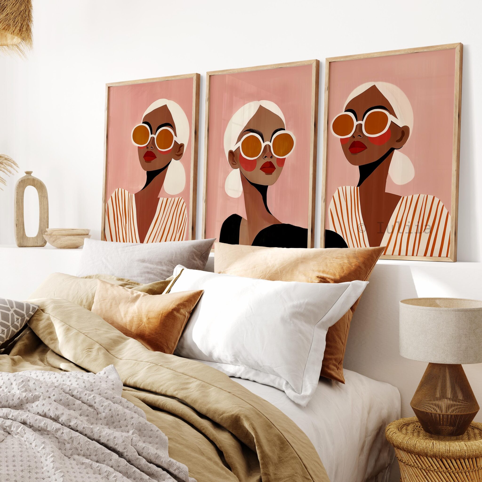 Fashion Wall Art Set of 3 Prints, Modern Feminine Portrait with Sunglasses, Stylish Pink Aesthetic Decor for Bedroom Living Room Interior - photo #2