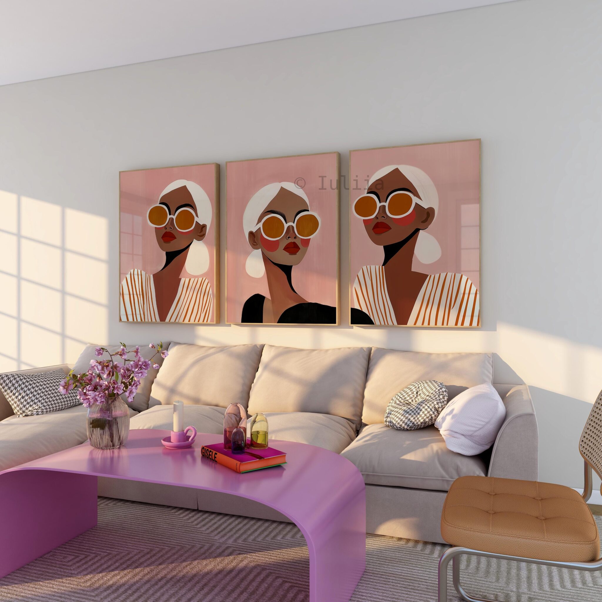 Fashion Wall Art Set of 3 Prints, Modern Feminine Portrait with Sunglasses, Stylish Pink Aesthetic Decor for Bedroom Living Room Interior - photo #3