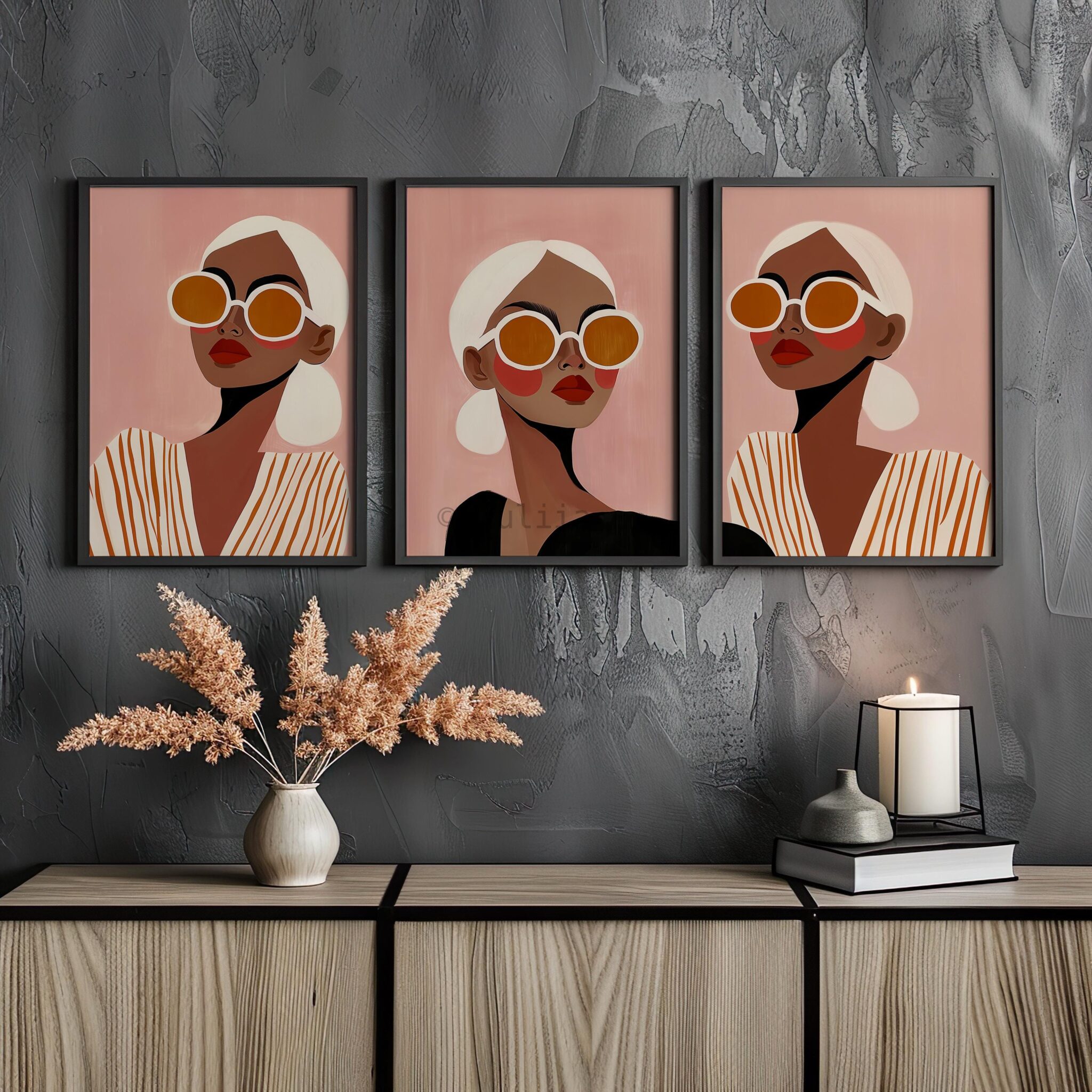Fashion Wall Art Set of 3 Prints, Modern Feminine Portrait with Sunglasses, Stylish Pink Aesthetic Decor for Bedroom Living Room Interior - photo #9