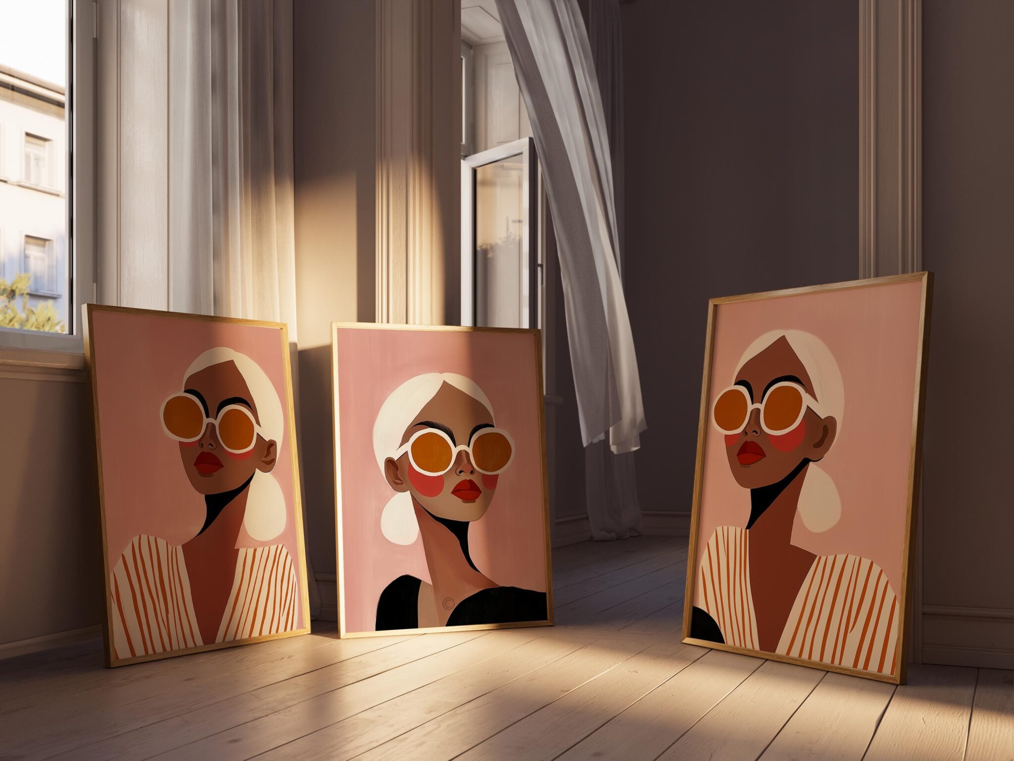 Fashion Wall Art Set of 3 Prints, Modern Feminine Portrait with Sunglasses, Stylish Pink Aesthetic Decor for Bedroom Living Room Interior - photo #10