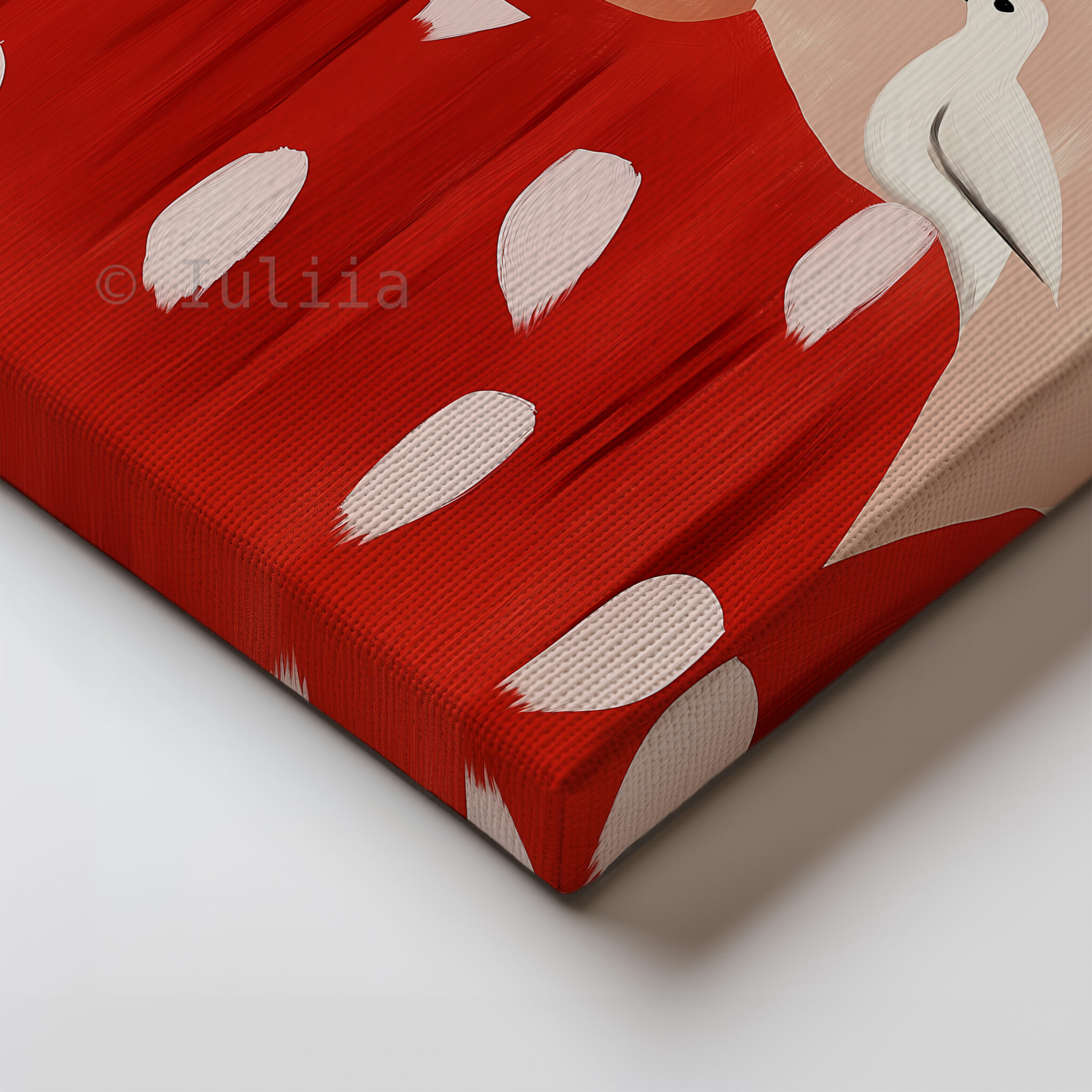 Bird Portrait Canvas, Playful Feminine Wall Art with White Birds and Red Dress for Soft Blush Bedroom or Living Room Decor - photo #1