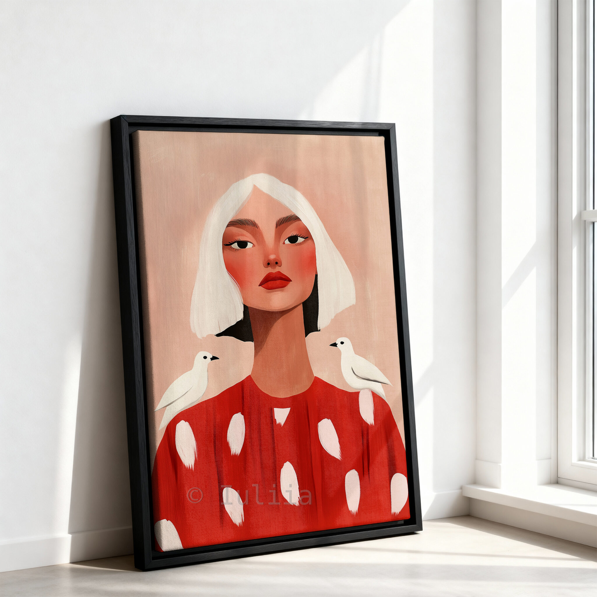 Bird Portrait Canvas, Playful Feminine Wall Art with White Birds and Red Dress for Soft Blush Bedroom or Living Room Decor - photo #10