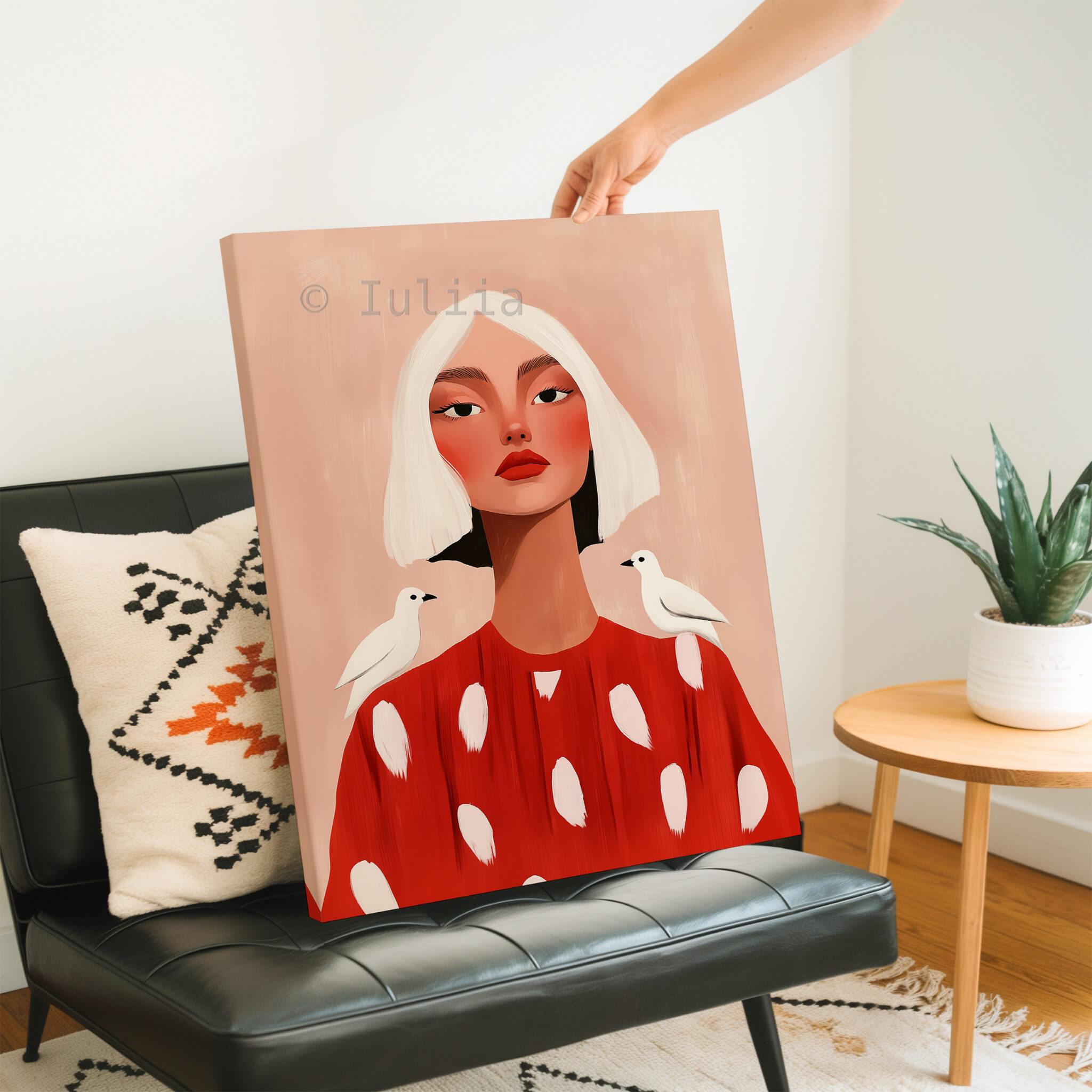 Bird Portrait Canvas, Playful Feminine Wall Art with White Birds and Red Dress for Soft Blush Bedroom or Living Room Decor - photo #2