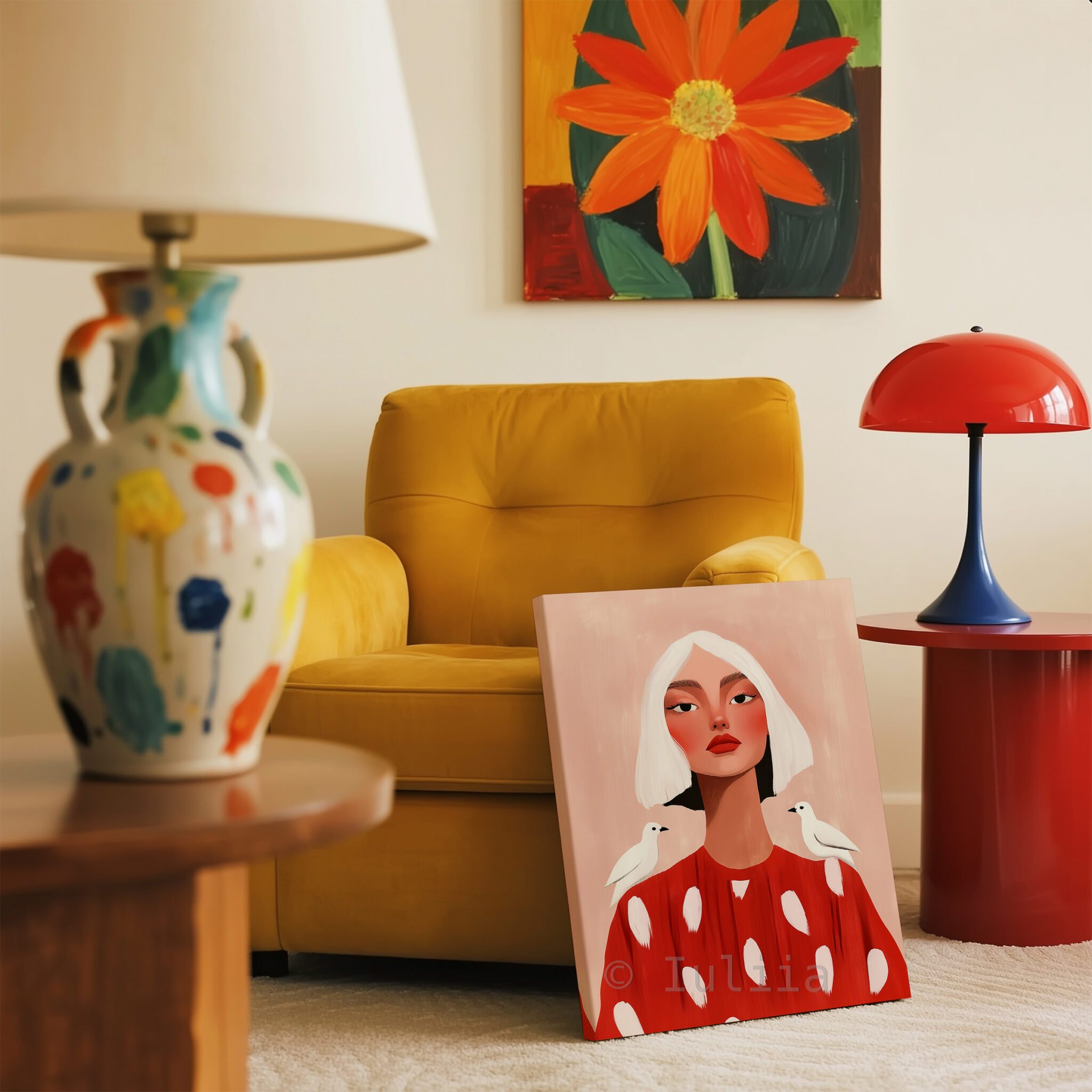 Bird Portrait Canvas, Playful Feminine Wall Art with White Birds and Red Dress for Soft Blush Bedroom or Living Room Decor - photo #11