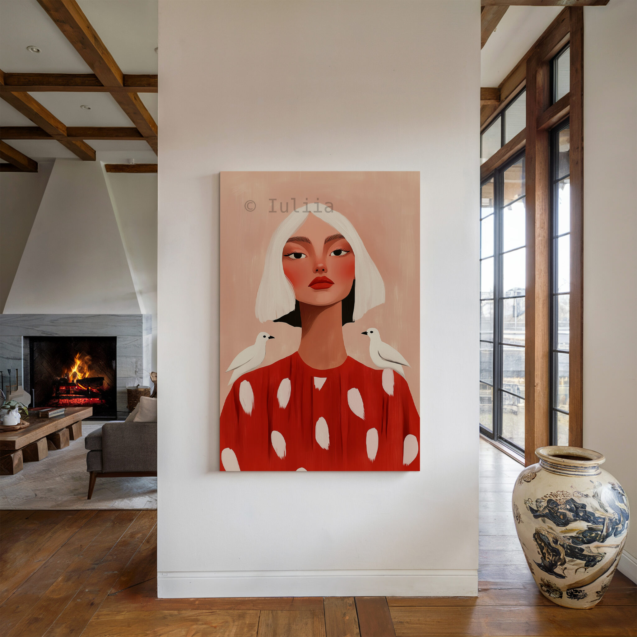 Bird Portrait Canvas, Playful Feminine Wall Art with White Birds and Red Dress for Soft Blush Bedroom or Living Room Decor - photo #4