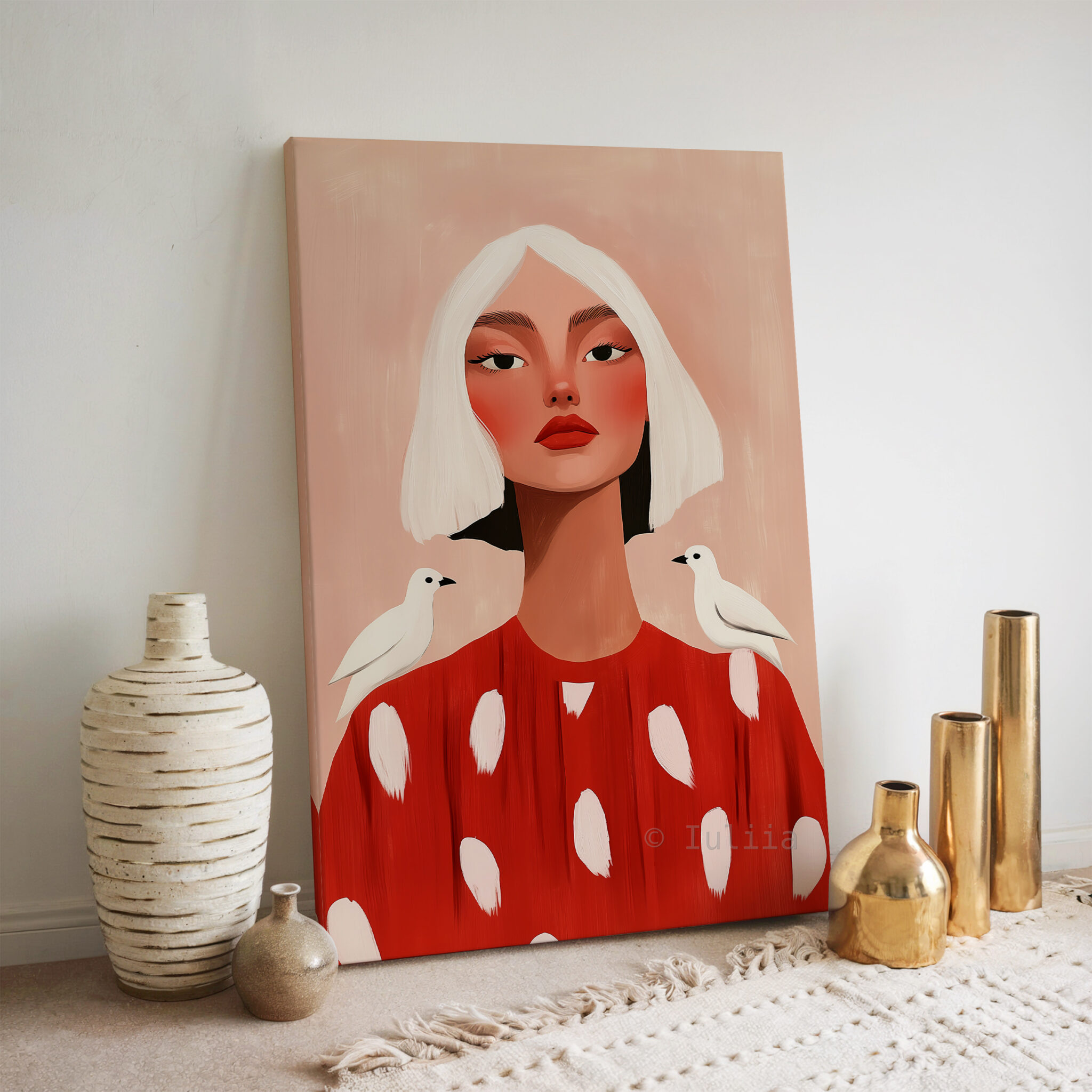 Bird Portrait Canvas, Playful Feminine Wall Art with White Birds and Red Dress for Soft Blush Bedroom or Living Room Decor - photo #6