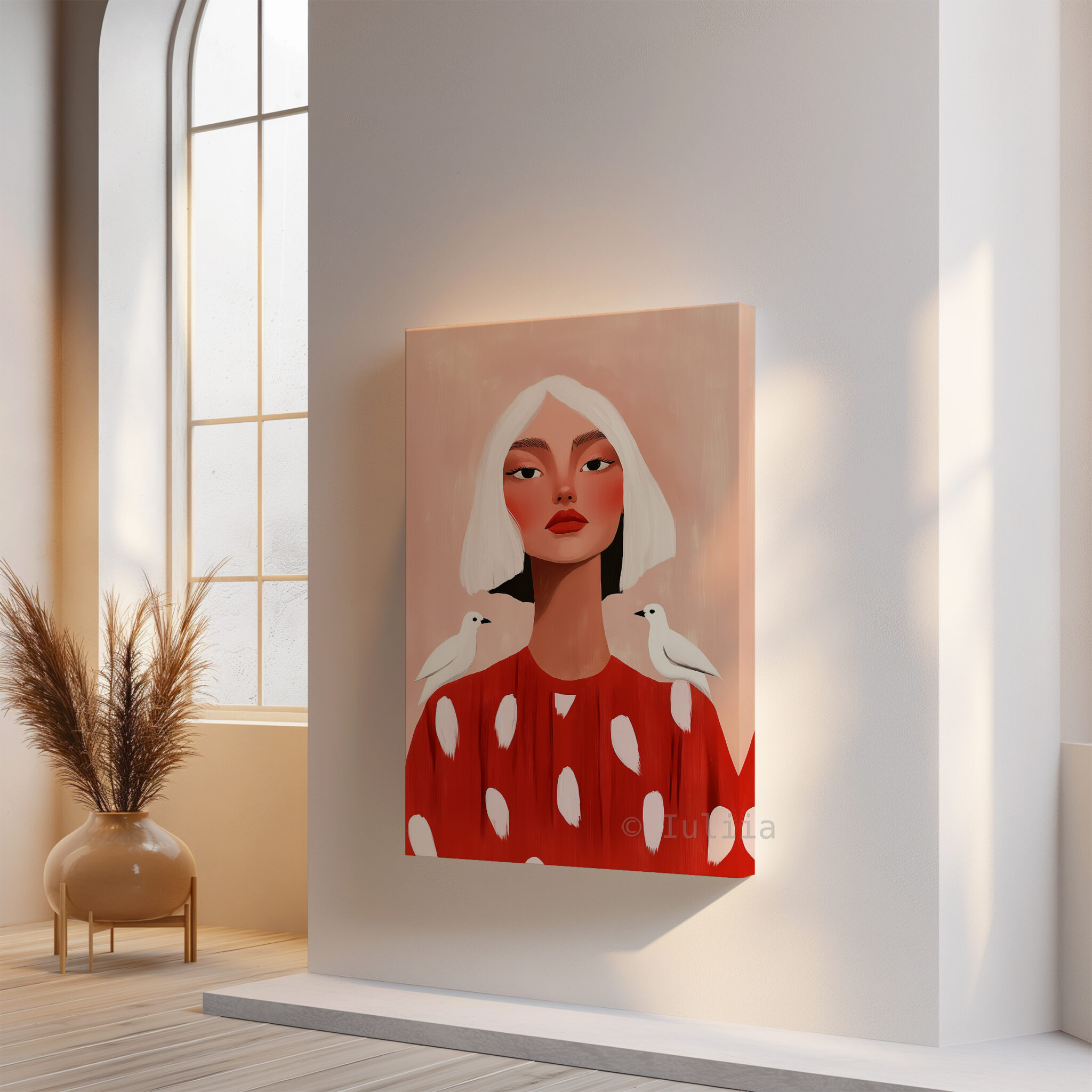 Bird Portrait Canvas, Playful Feminine Wall Art with White Birds and Red Dress for Soft Blush Bedroom or Living Room Decor - photo #14