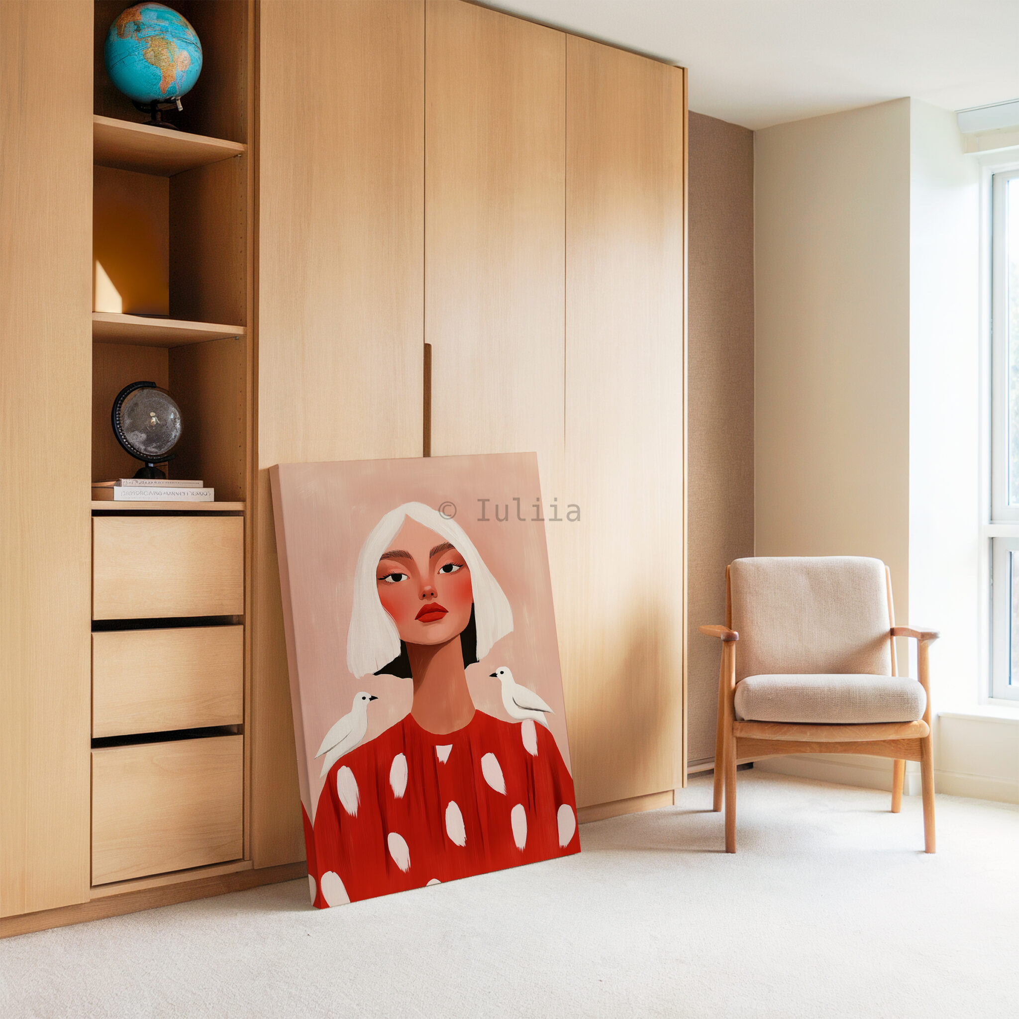 Bird Portrait Canvas, Playful Feminine Wall Art with White Birds and Red Dress for Soft Blush Bedroom or Living Room Decor - photo #3