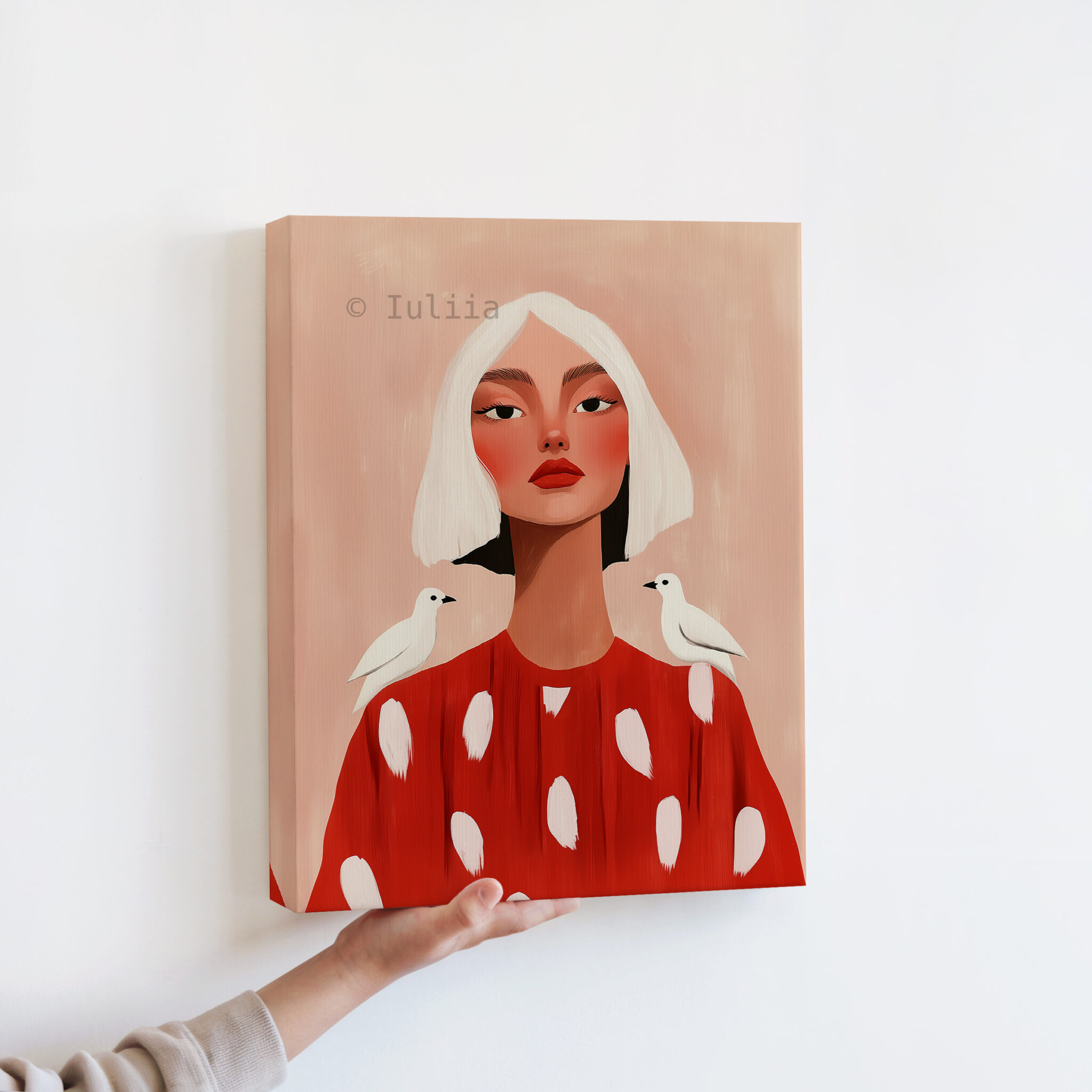 Bird Portrait Canvas, Playful Feminine Wall Art with White Birds and Red Dress for Soft Blush Bedroom or Living Room Decor - photo #12