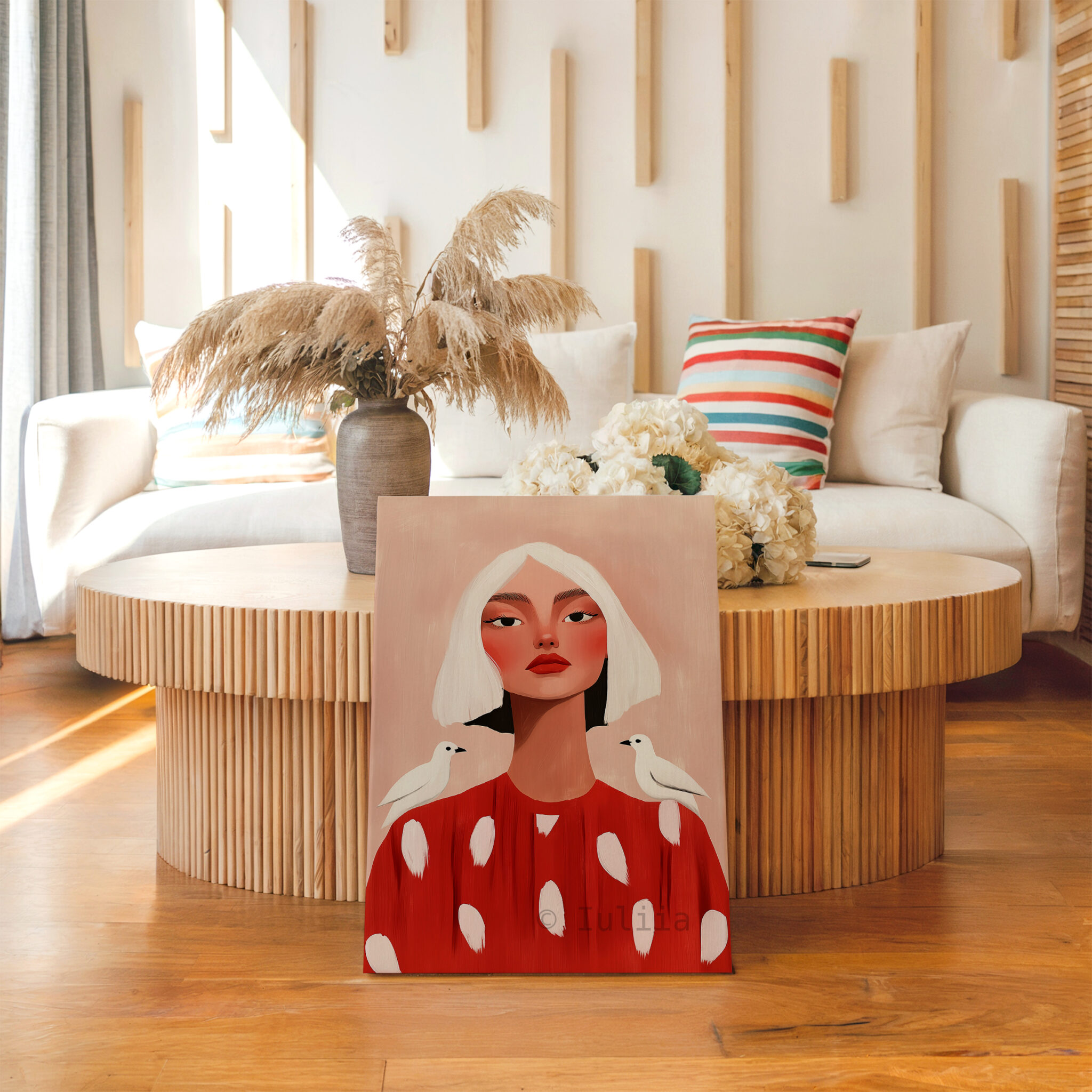 Bird Portrait Canvas, Playful Feminine Wall Art with White Birds and Red Dress for Soft Blush Bedroom or Living Room Decor - photo #13