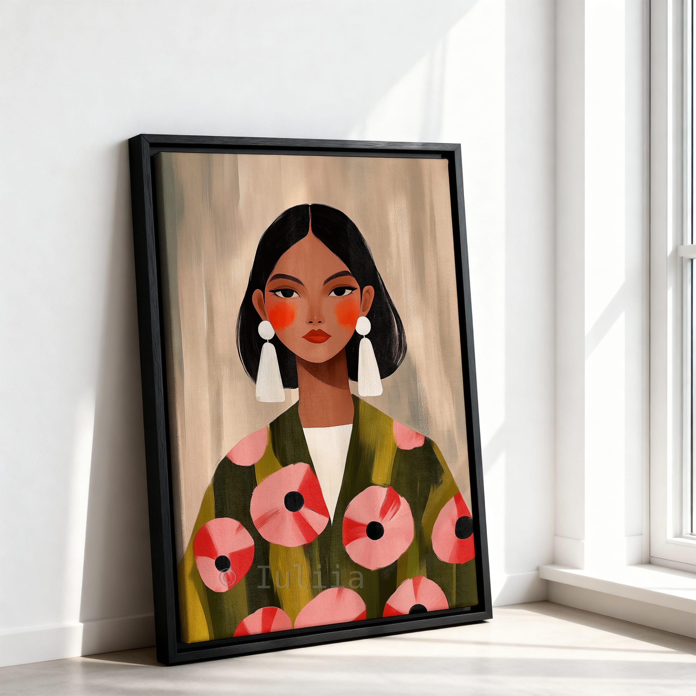 Elegant Woman Canvas, Modern Feminine Wall Art with Floral Jacket and White Statement Earrings for Stylish Apartment Decor - photo #10