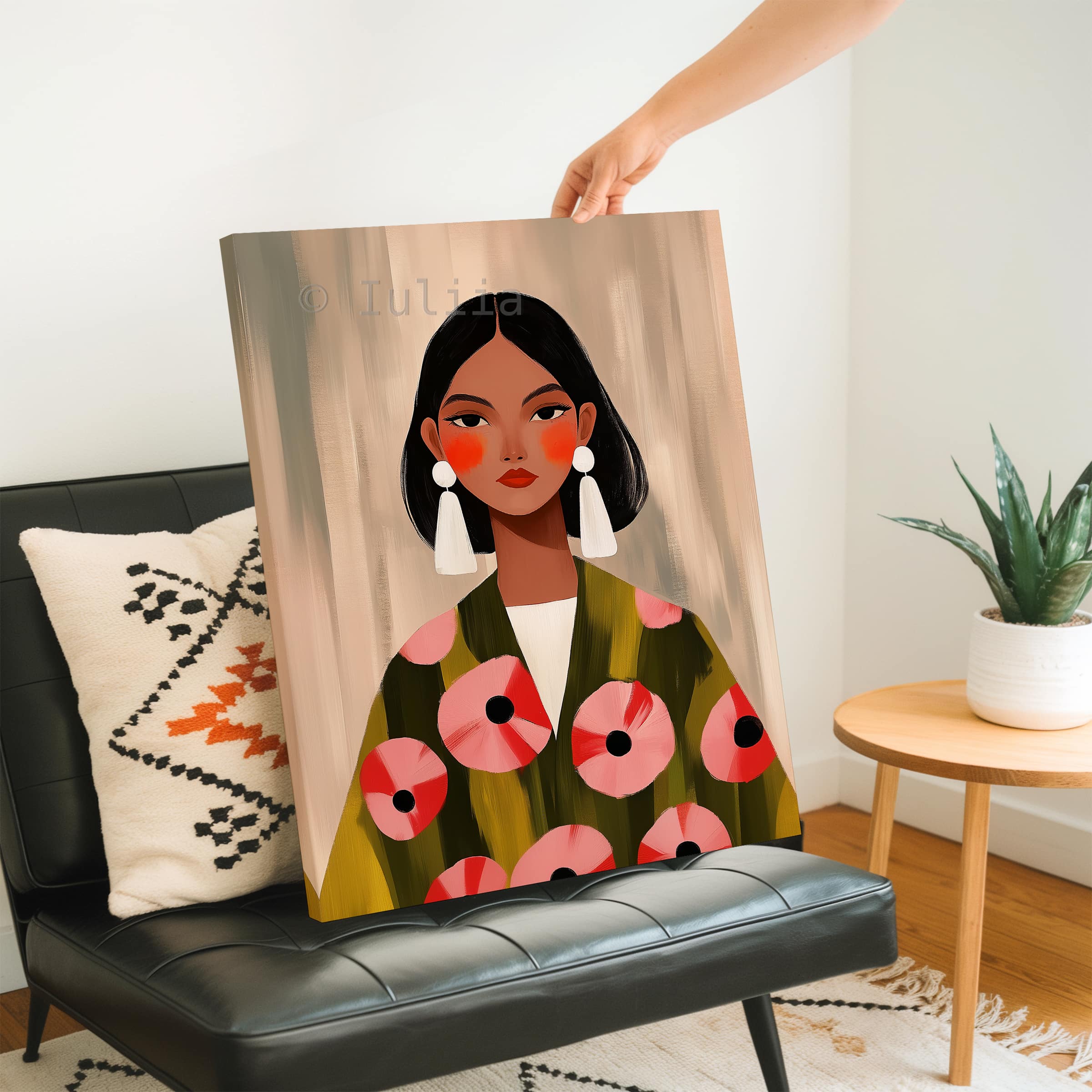 Elegant Woman Canvas, Modern Feminine Wall Art with Floral Jacket and White Statement Earrings for Stylish Apartment Decor - photo #2