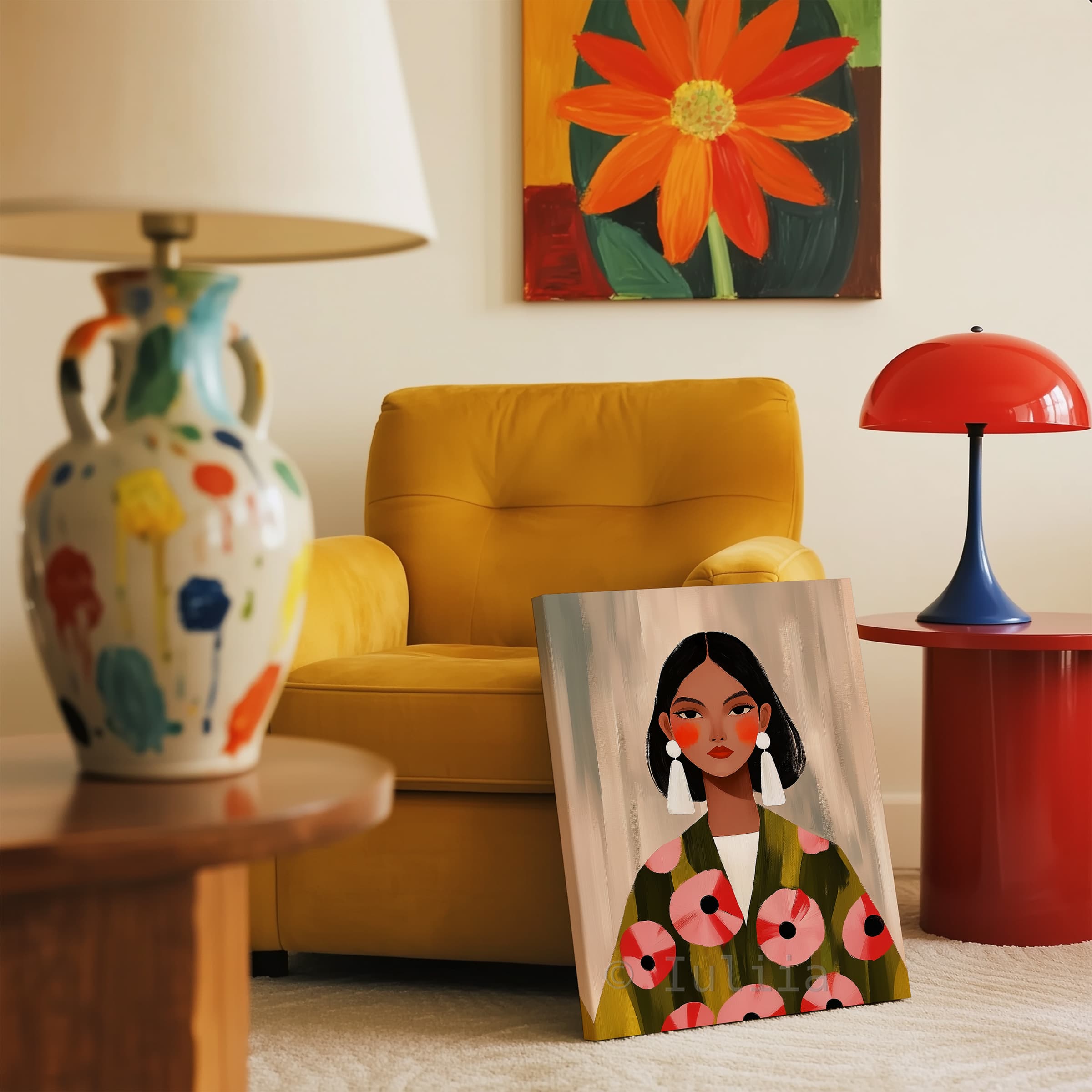 Elegant Woman Canvas, Modern Feminine Wall Art with Floral Jacket and White Statement Earrings for Stylish Apartment Decor - photo #11
