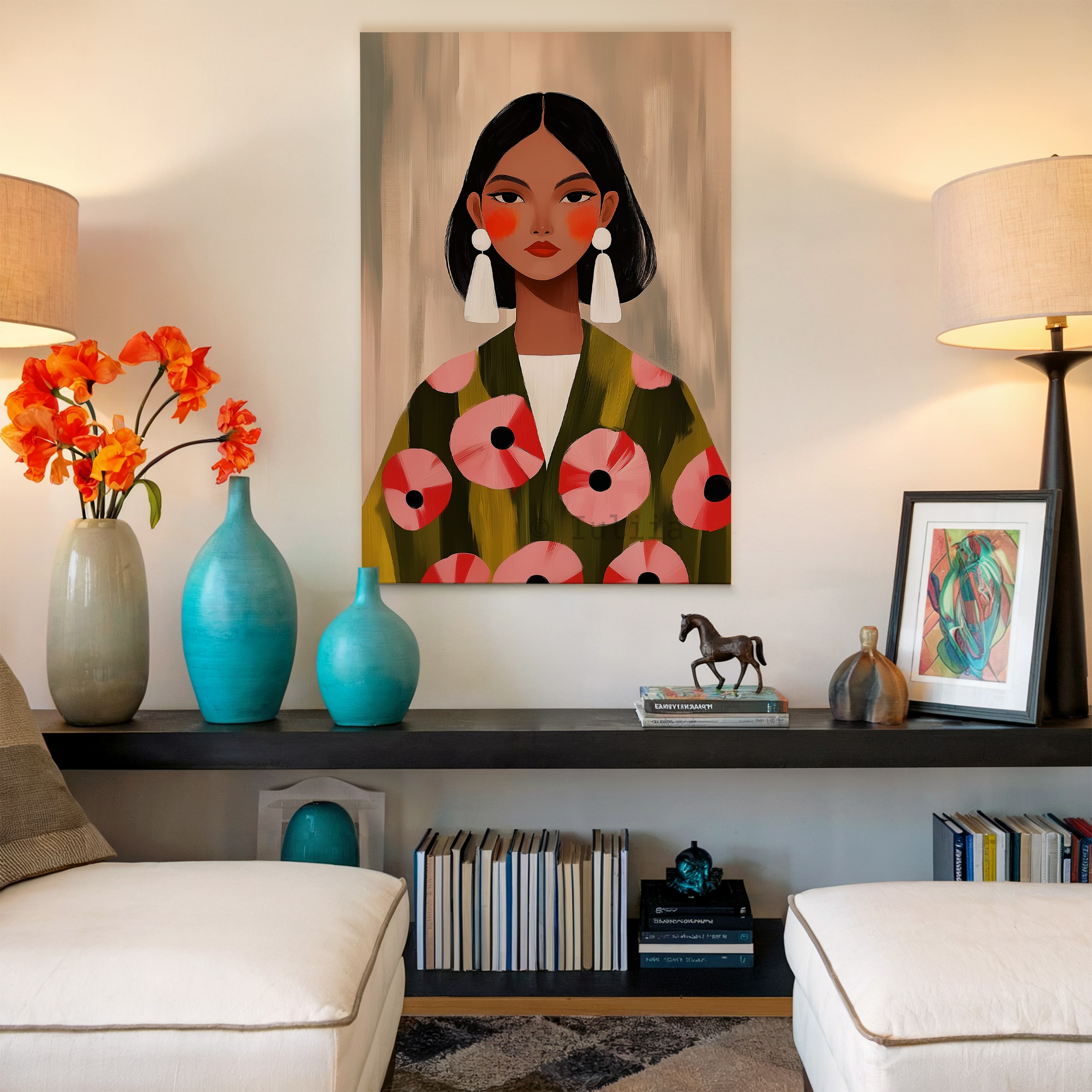 Elegant Woman Canvas, Modern Feminine Wall Art with Floral Jacket and White Statement Earrings for Stylish Apartment Decor - photo #16