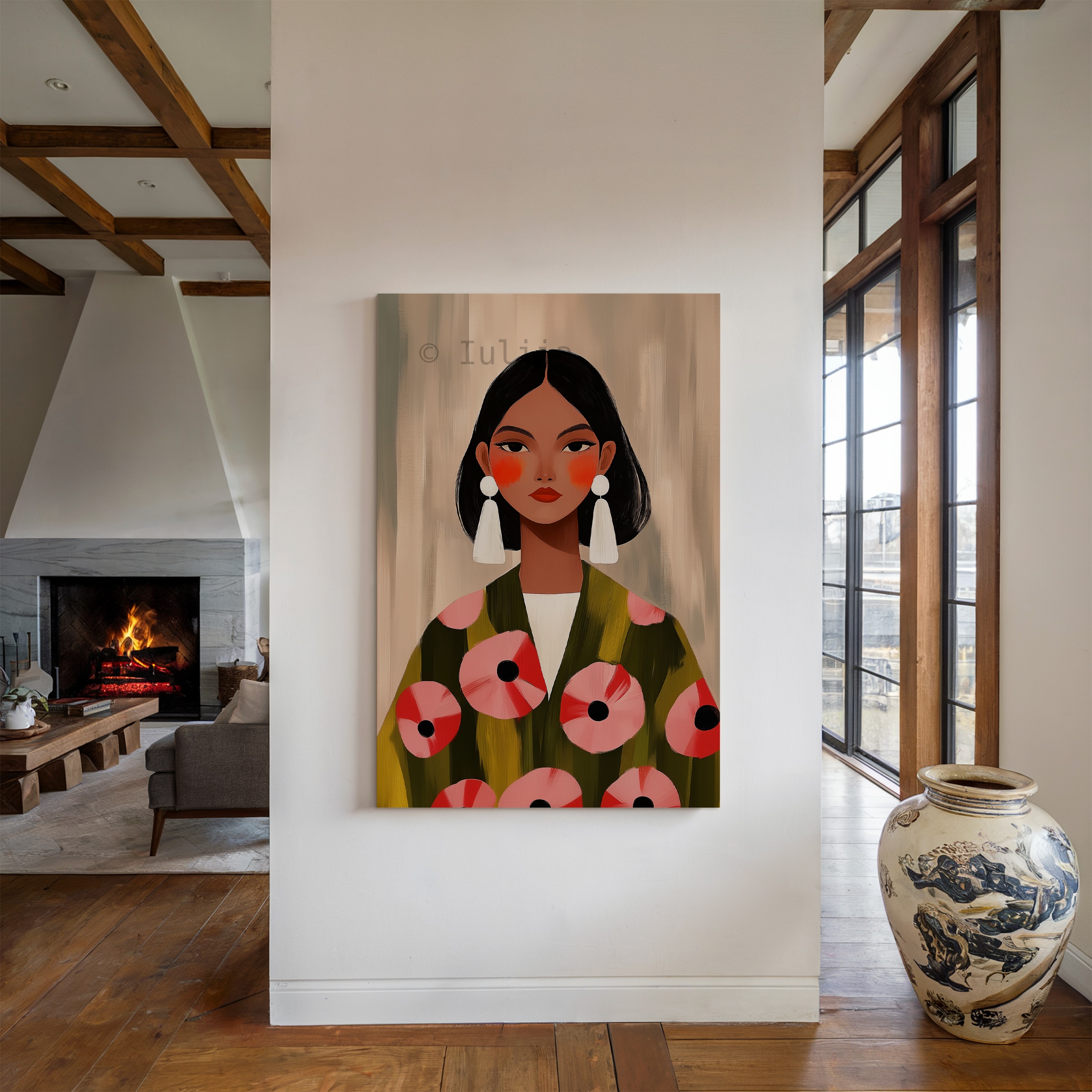 Elegant Woman Canvas, Modern Feminine Wall Art with Floral Jacket and White Statement Earrings for Stylish Apartment Decor - photo #4