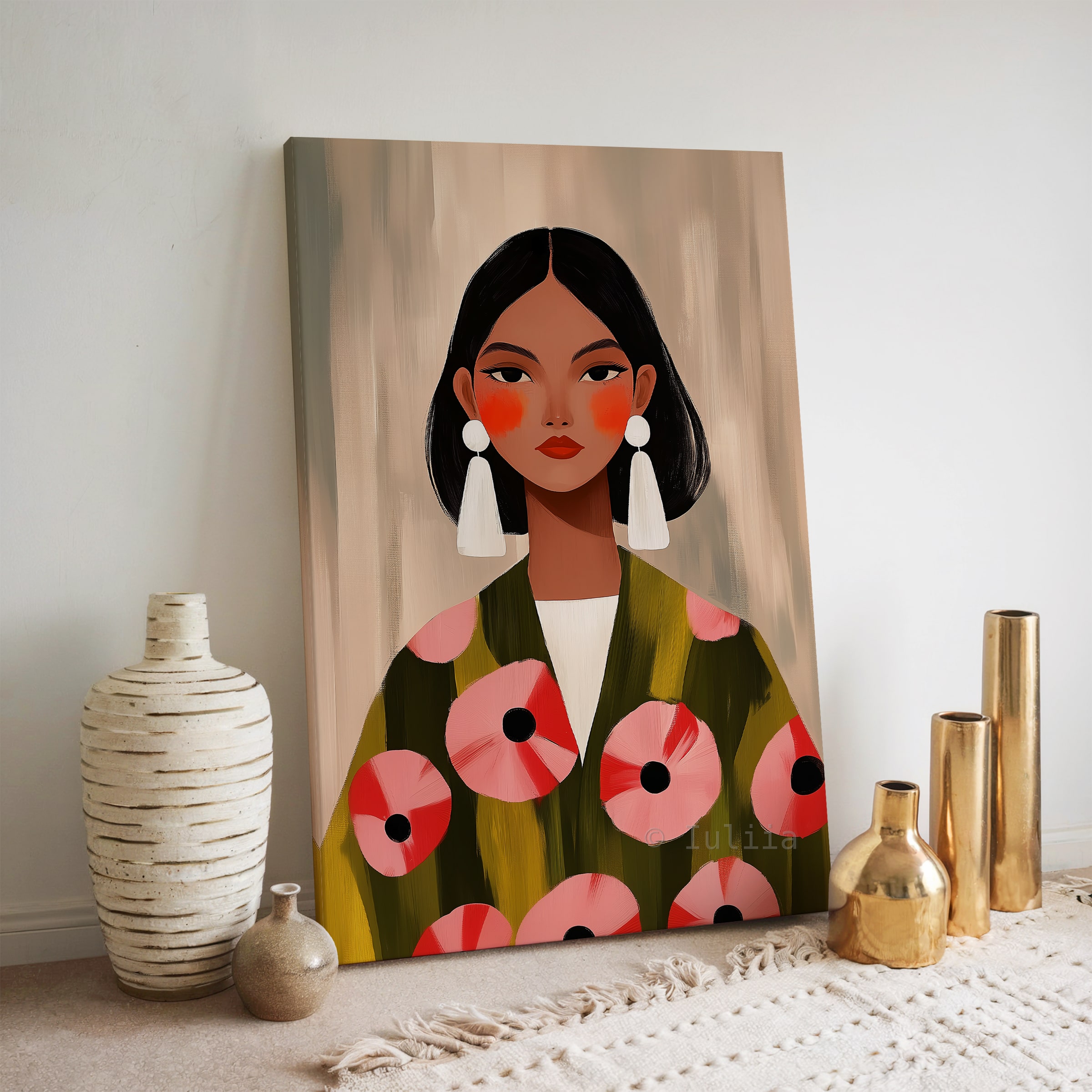 Elegant Woman Canvas, Modern Feminine Wall Art with Floral Jacket and White Statement Earrings for Stylish Apartment Decor - photo #6