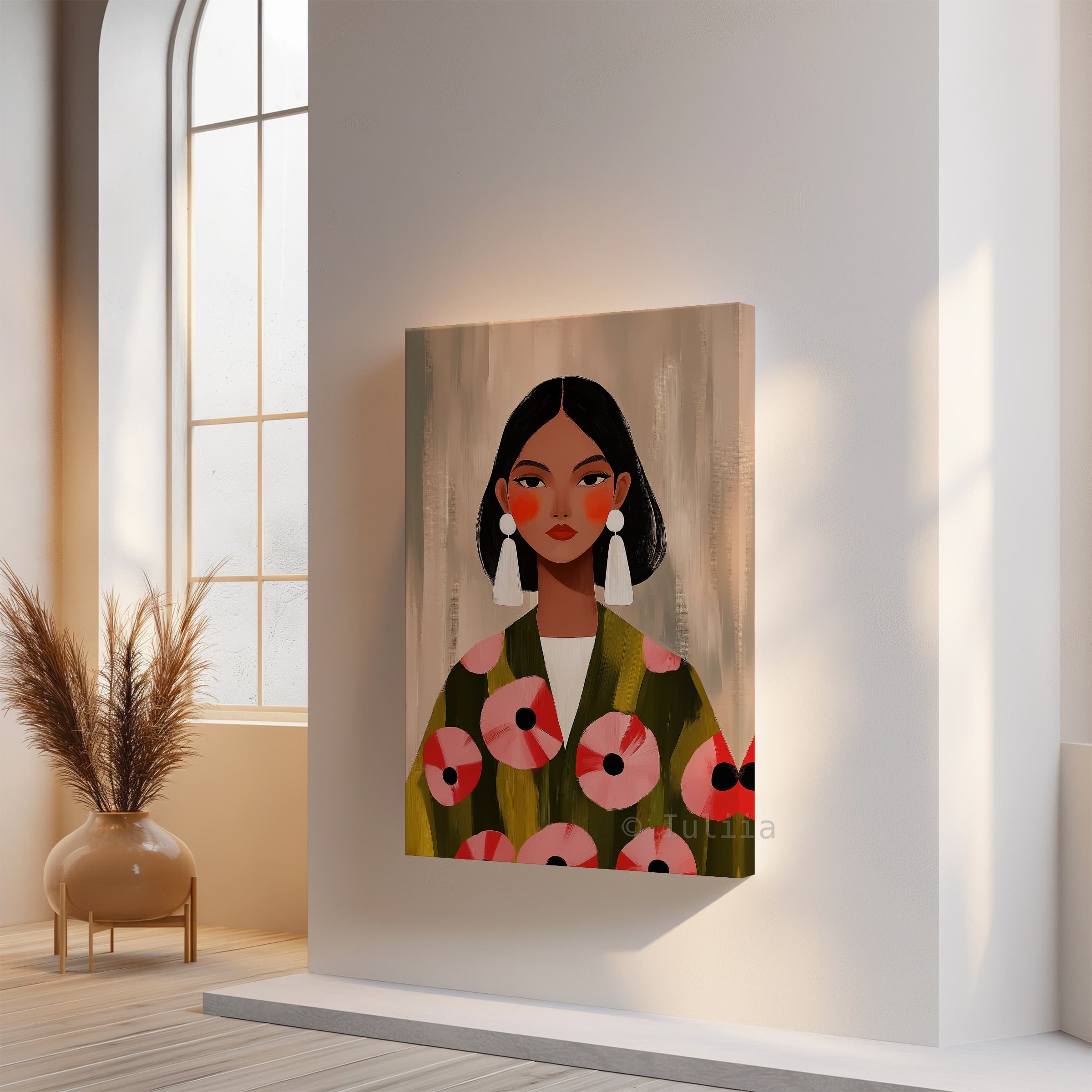 Elegant Woman Canvas, Modern Feminine Wall Art with Floral Jacket and White Statement Earrings for Stylish Apartment Decor - photo #14
