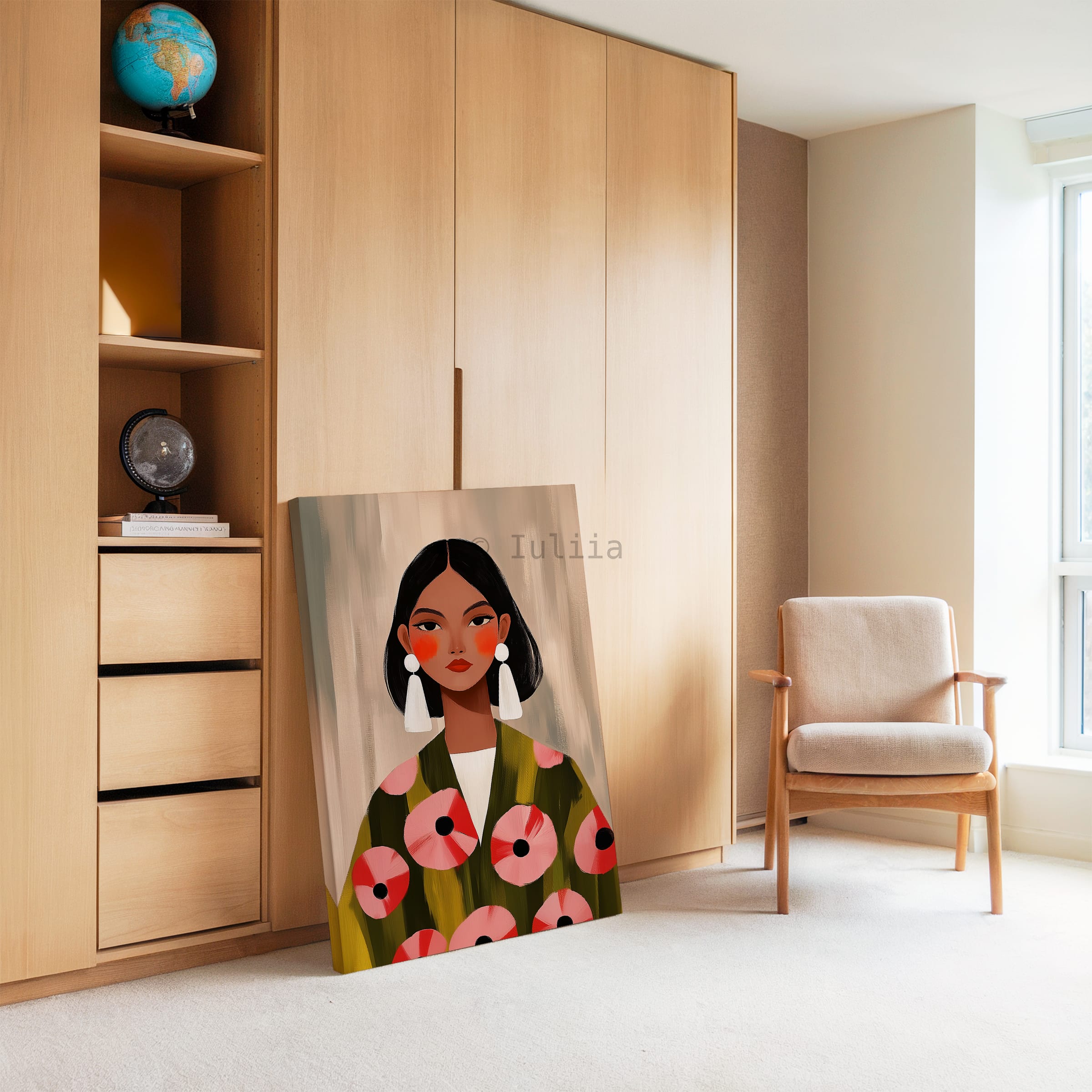Elegant Woman Canvas, Modern Feminine Wall Art with Floral Jacket and White Statement Earrings for Stylish Apartment Decor - photo #3