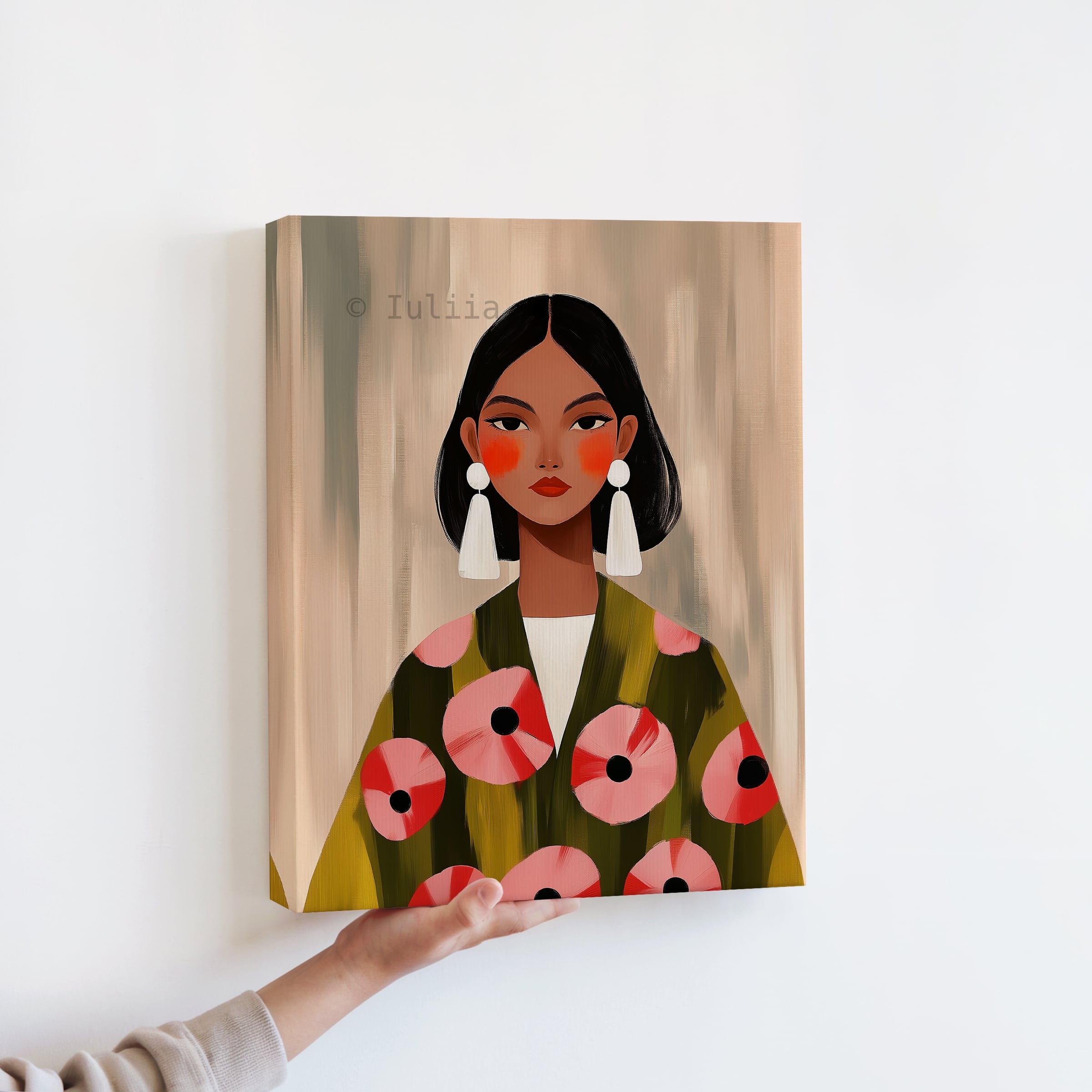 Elegant Woman Canvas, Modern Feminine Wall Art with Floral Jacket and White Statement Earrings for Stylish Apartment Decor - photo #12