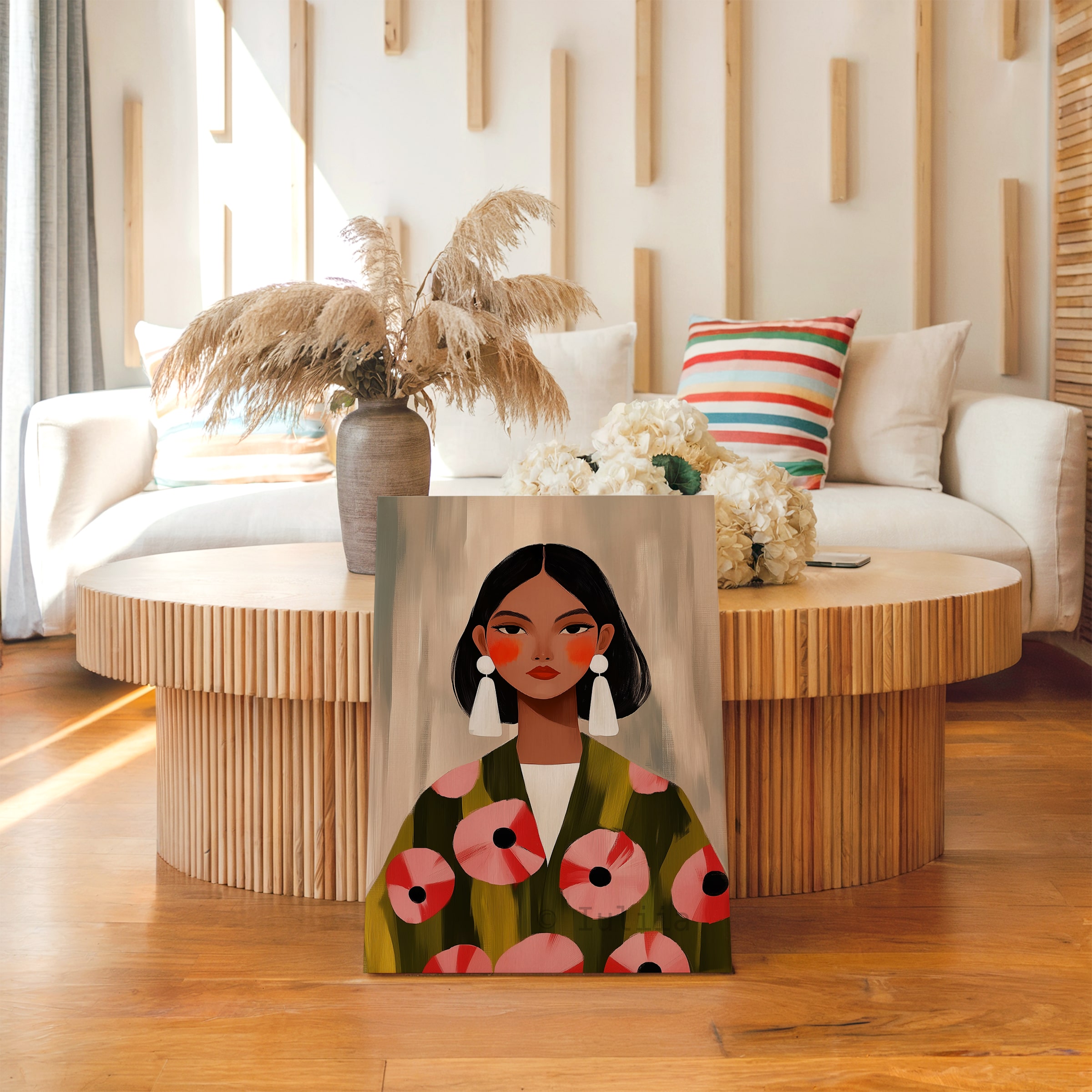 Elegant Woman Canvas, Modern Feminine Wall Art with Floral Jacket and White Statement Earrings for Stylish Apartment Decor - photo #13