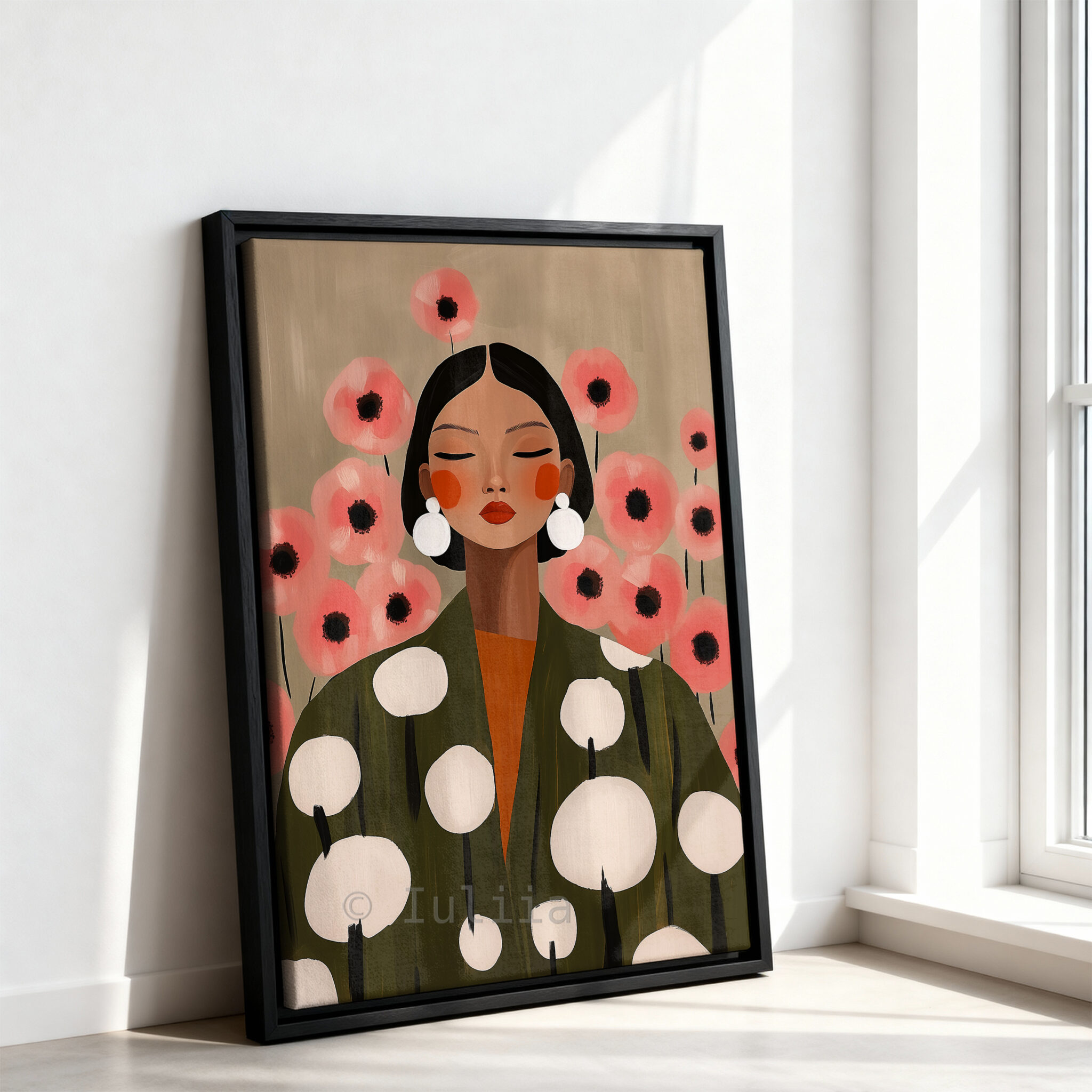 Botanical Woman Canvas, Soft Floral Feminine Wall Art with Pink Flowers and Olive Robe for Calm Bedroom Decor - photo #10