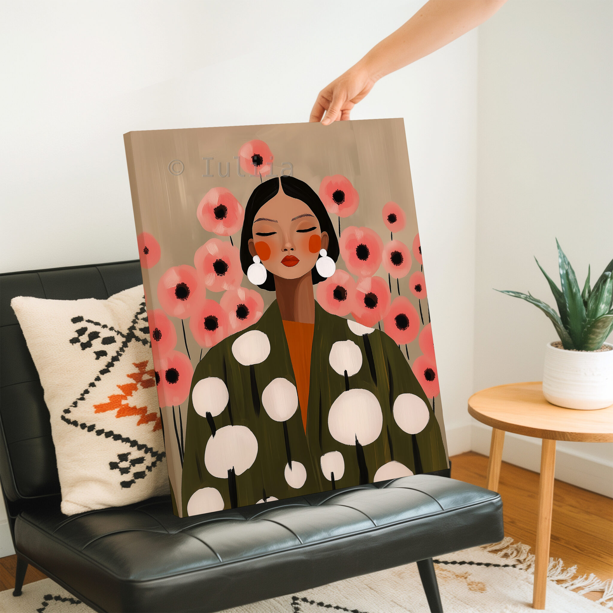 Botanical Woman Canvas, Soft Floral Feminine Wall Art with Pink Flowers and Olive Robe for Calm Bedroom Decor - photo #2