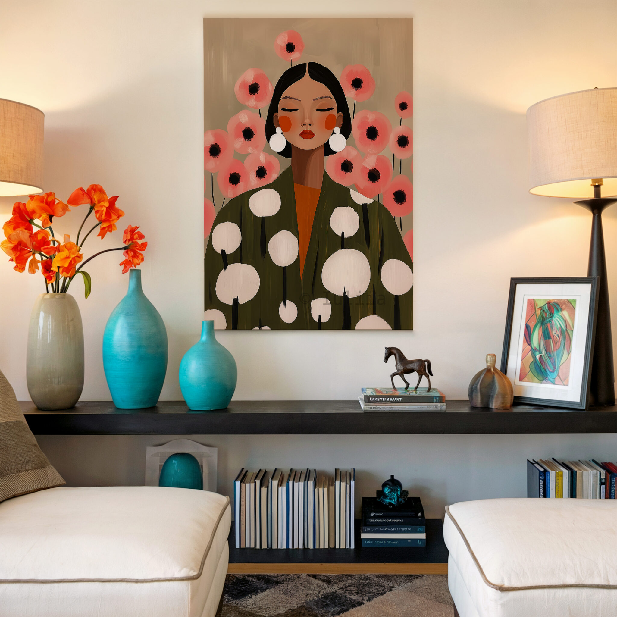 Botanical Woman Canvas, Soft Floral Feminine Wall Art with Pink Flowers and Olive Robe for Calm Bedroom Decor - photo #16