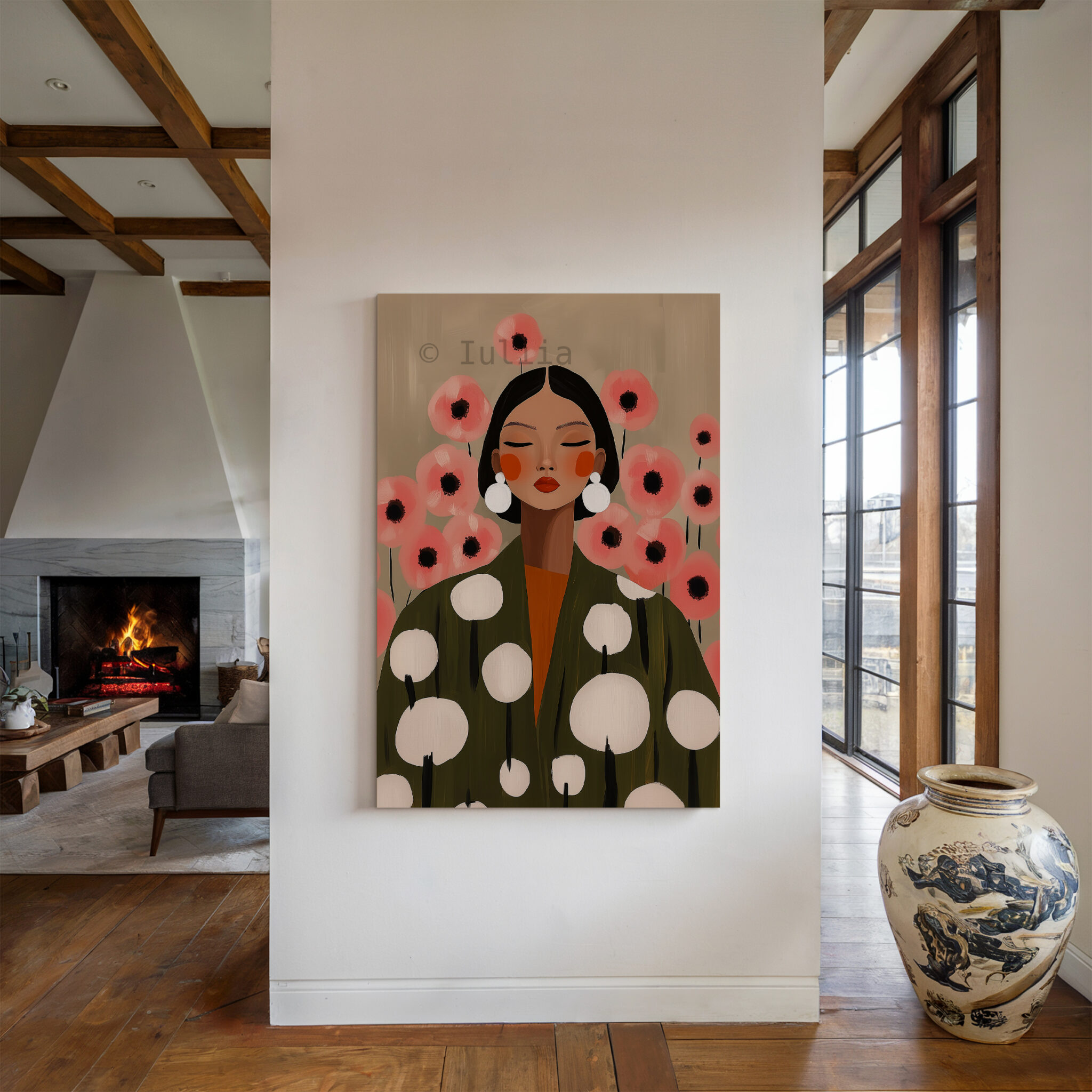 Botanical Woman Canvas, Soft Floral Feminine Wall Art with Pink Flowers and Olive Robe for Calm Bedroom Decor - photo #4