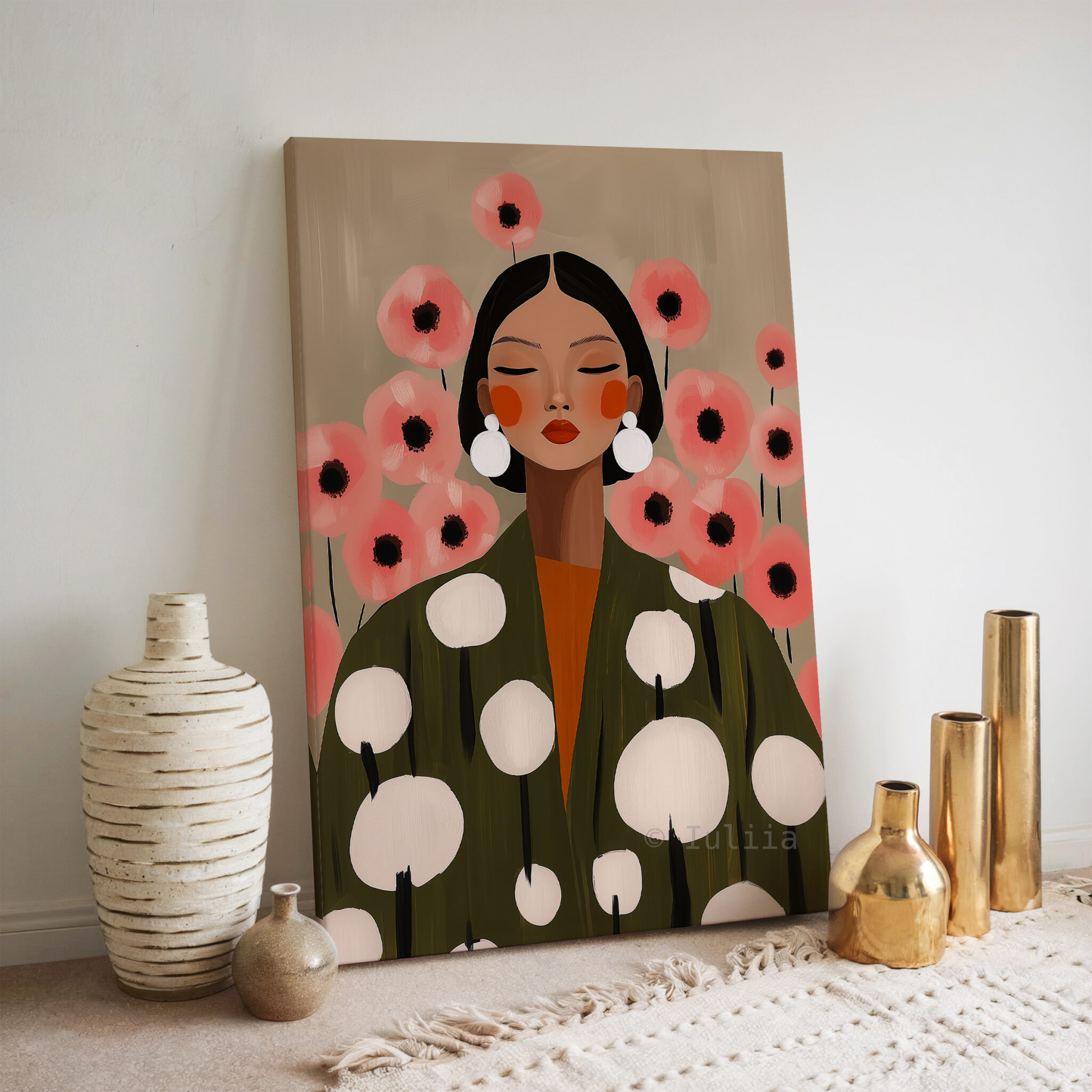 Botanical Woman Canvas, Soft Floral Feminine Wall Art with Pink Flowers and Olive Robe for Calm Bedroom Decor - photo #6
