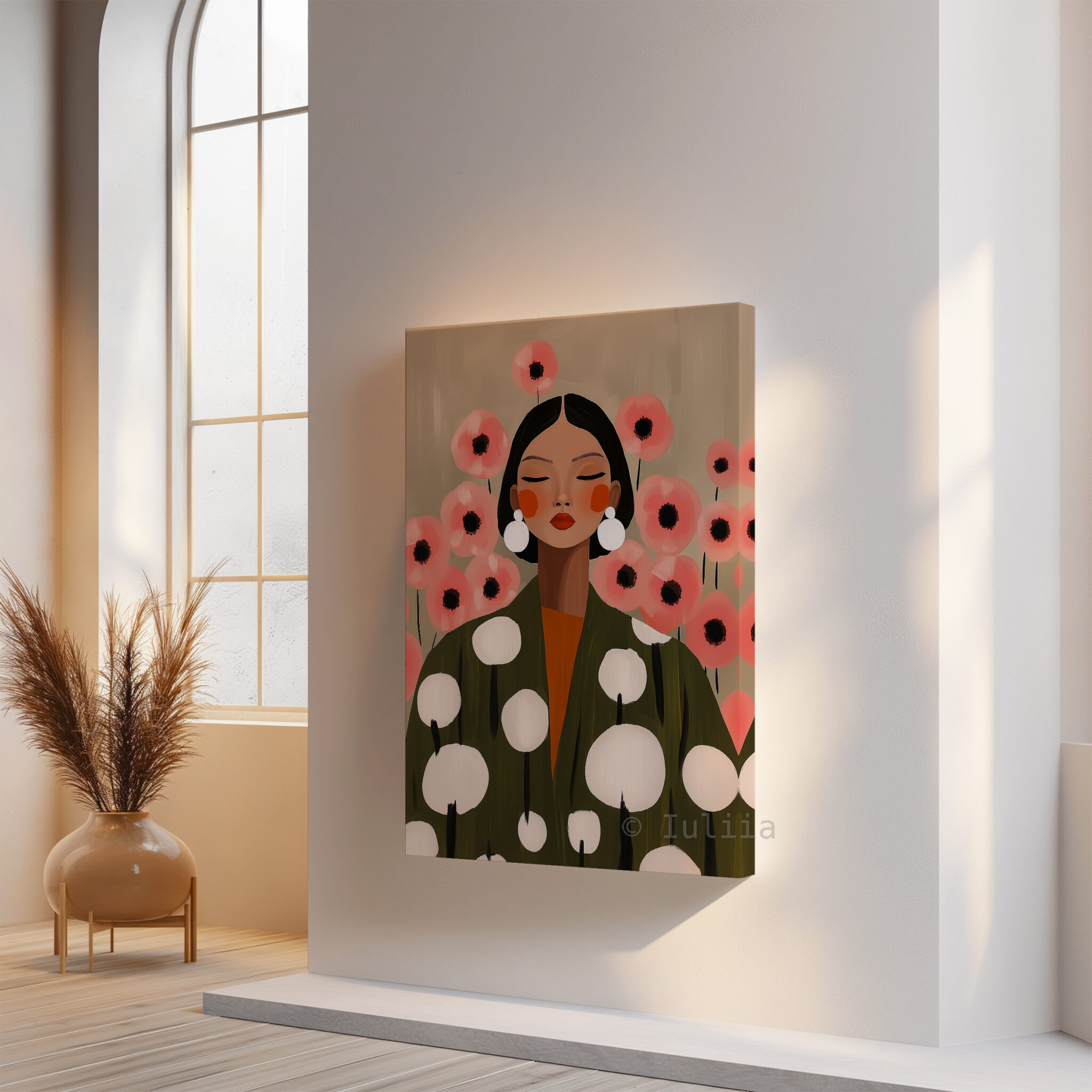 Botanical Woman Canvas, Soft Floral Feminine Wall Art with Pink Flowers and Olive Robe for Calm Bedroom Decor - photo #14