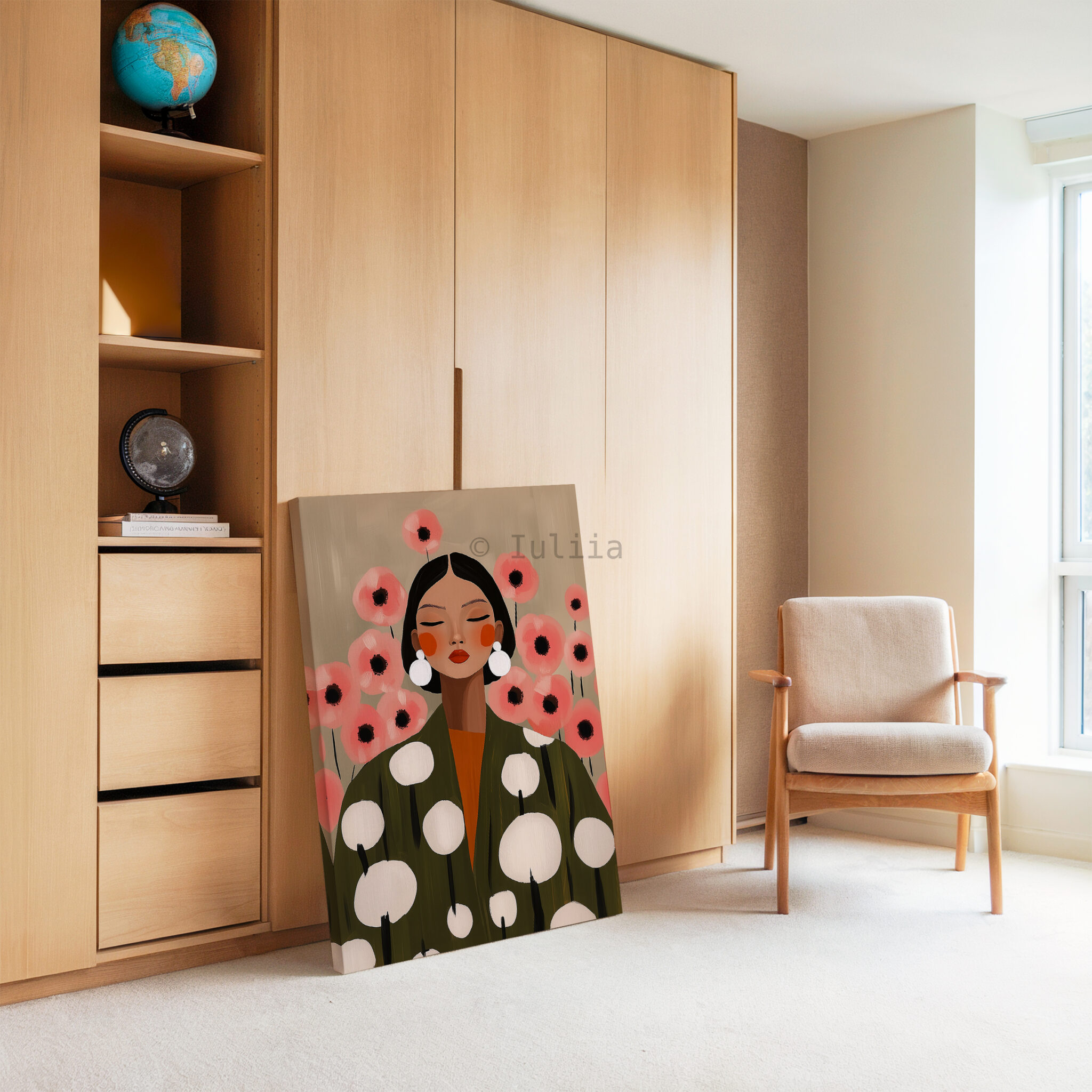 Botanical Woman Canvas, Soft Floral Feminine Wall Art with Pink Flowers and Olive Robe for Calm Bedroom Decor - photo #3