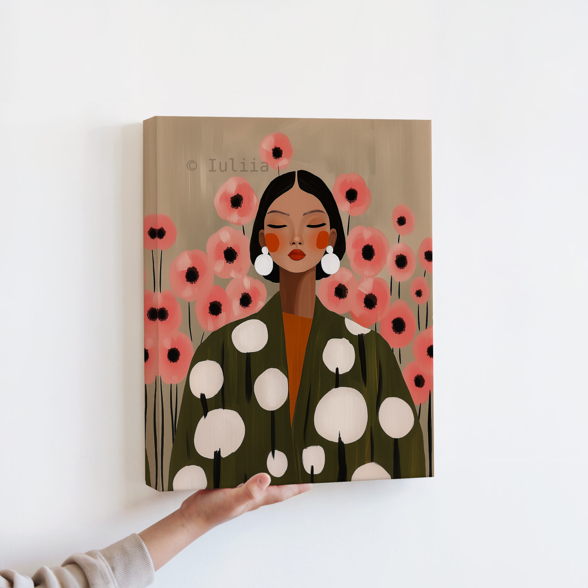 Botanical Woman Canvas, Soft Floral Feminine Wall Art with Pink Flowers and Olive Robe for Calm Bedroom Decor - photo #12