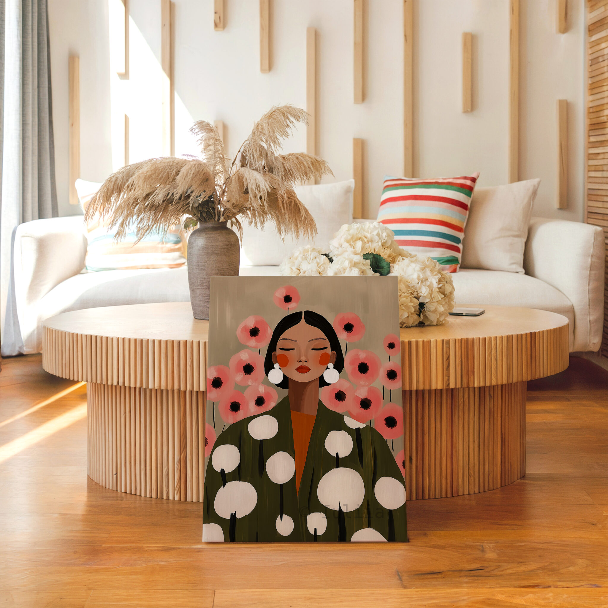 Botanical Woman Canvas, Soft Floral Feminine Wall Art with Pink Flowers and Olive Robe for Calm Bedroom Decor - photo #13