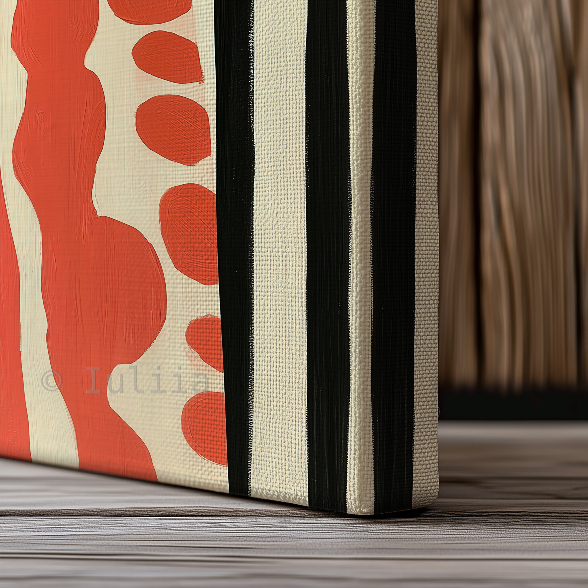 Striped Portrait Canvas, Modern Feminine Wall Art with Coral Tones, Graphic Woman Painting for Chic Scandinavian or Mid Century Decor - photo #17