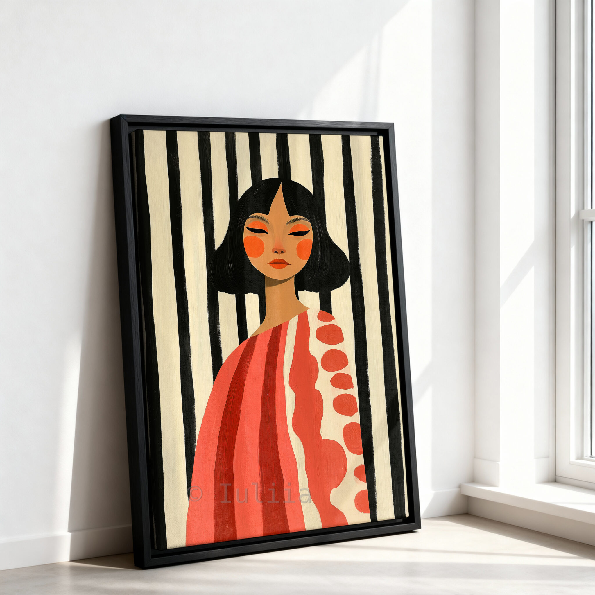 Striped Portrait Canvas, Modern Feminine Wall Art with Coral Tones, Graphic Woman Painting for Chic Scandinavian or Mid Century Decor - photo #10