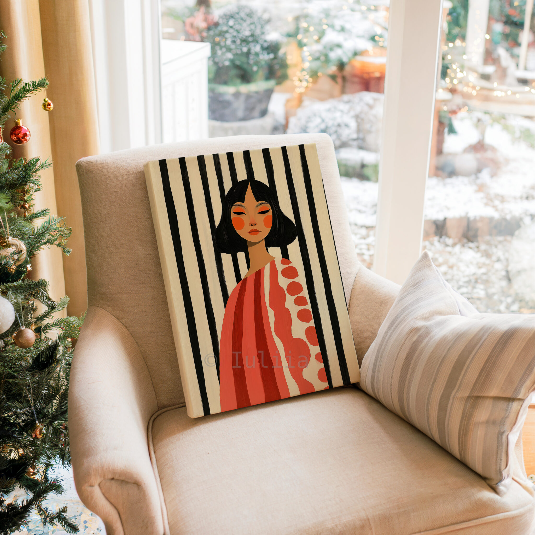Striped Portrait Canvas, Modern Feminine Wall Art with Coral Tones, Graphic Woman Painting for Chic Scandinavian or Mid Century Decor - photo #15