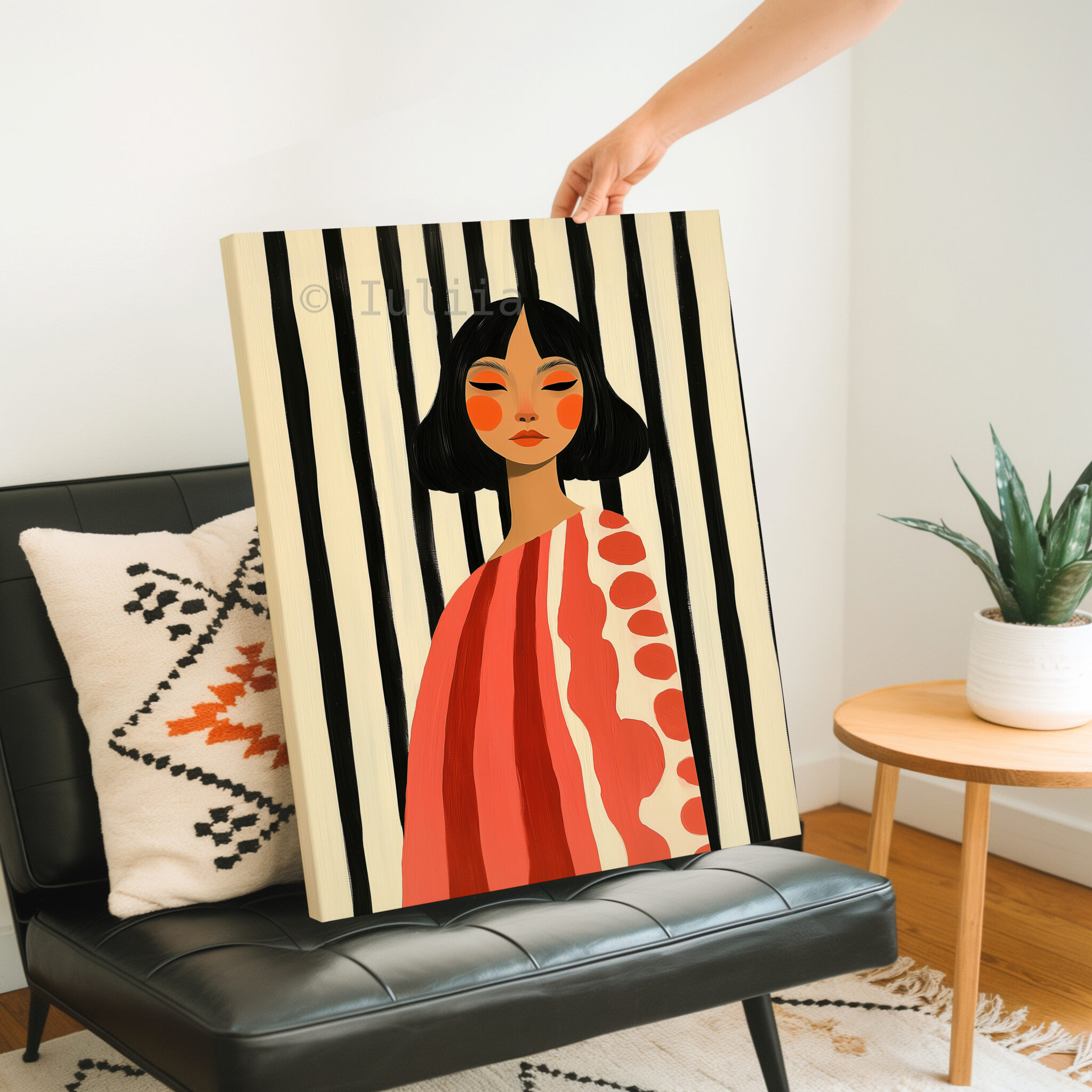 Striped Portrait Canvas, Modern Feminine Wall Art with Coral Tones, Graphic Woman Painting for Chic Scandinavian or Mid Century Decor - photo #3