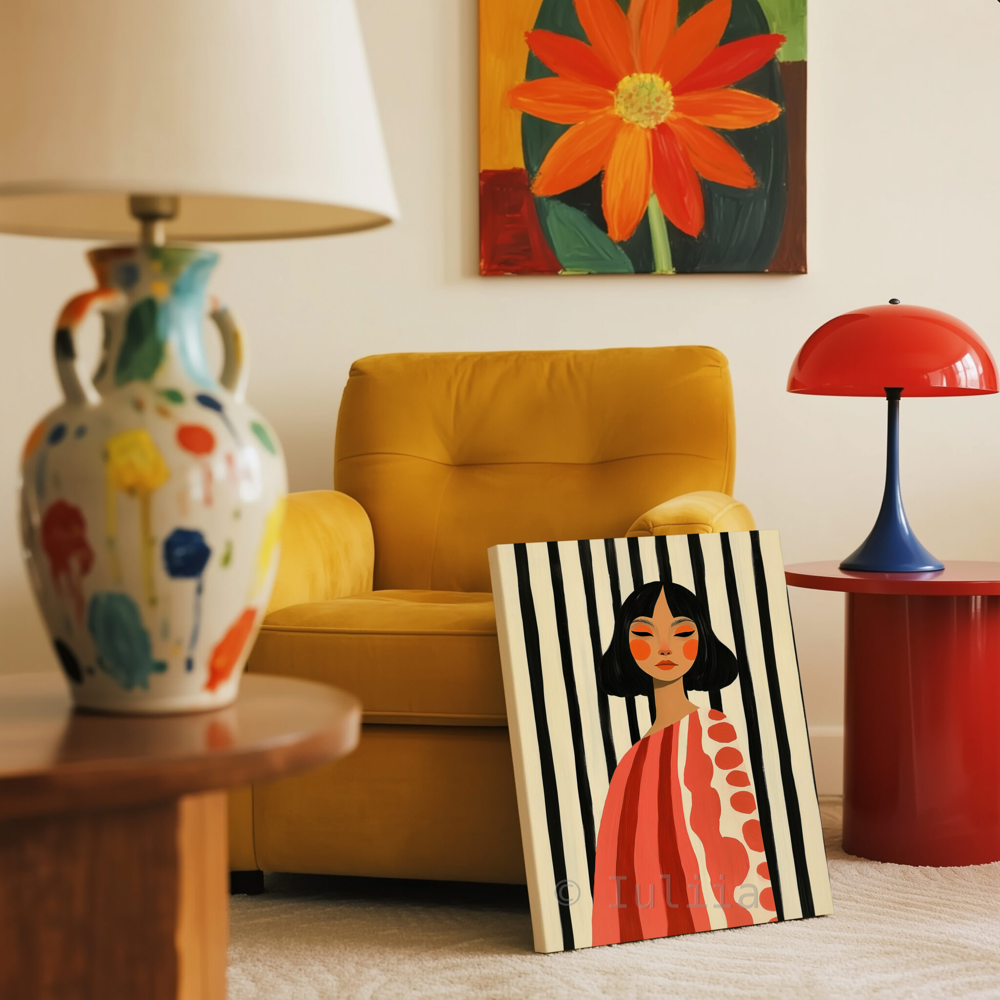 Striped Portrait Canvas, Modern Feminine Wall Art with Coral Tones, Graphic Woman Painting for Chic Scandinavian or Mid Century Decor - photo #12