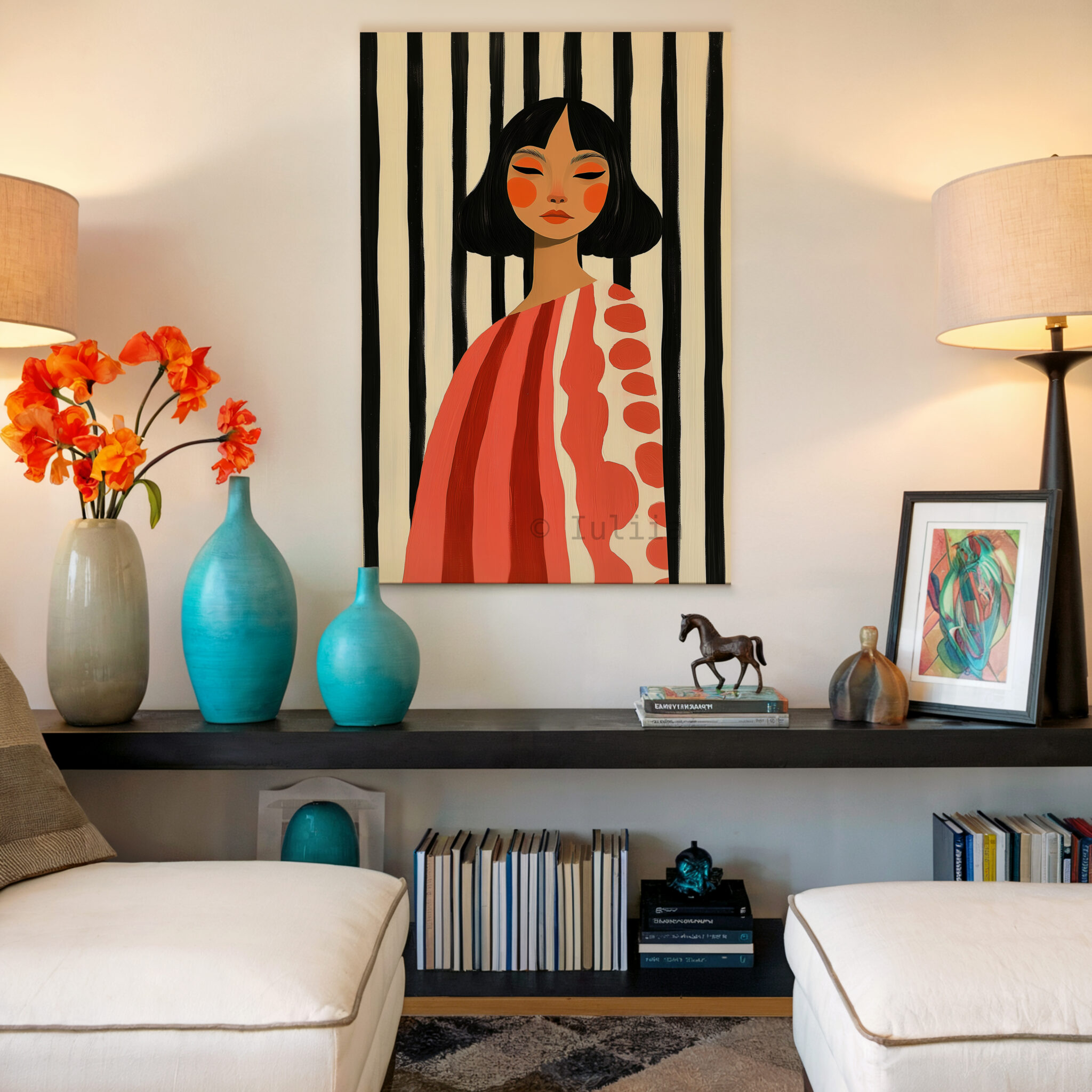 Striped Portrait Canvas, Modern Feminine Wall Art with Coral Tones, Graphic Woman Painting for Chic Scandinavian or Mid Century Decor - photo #16